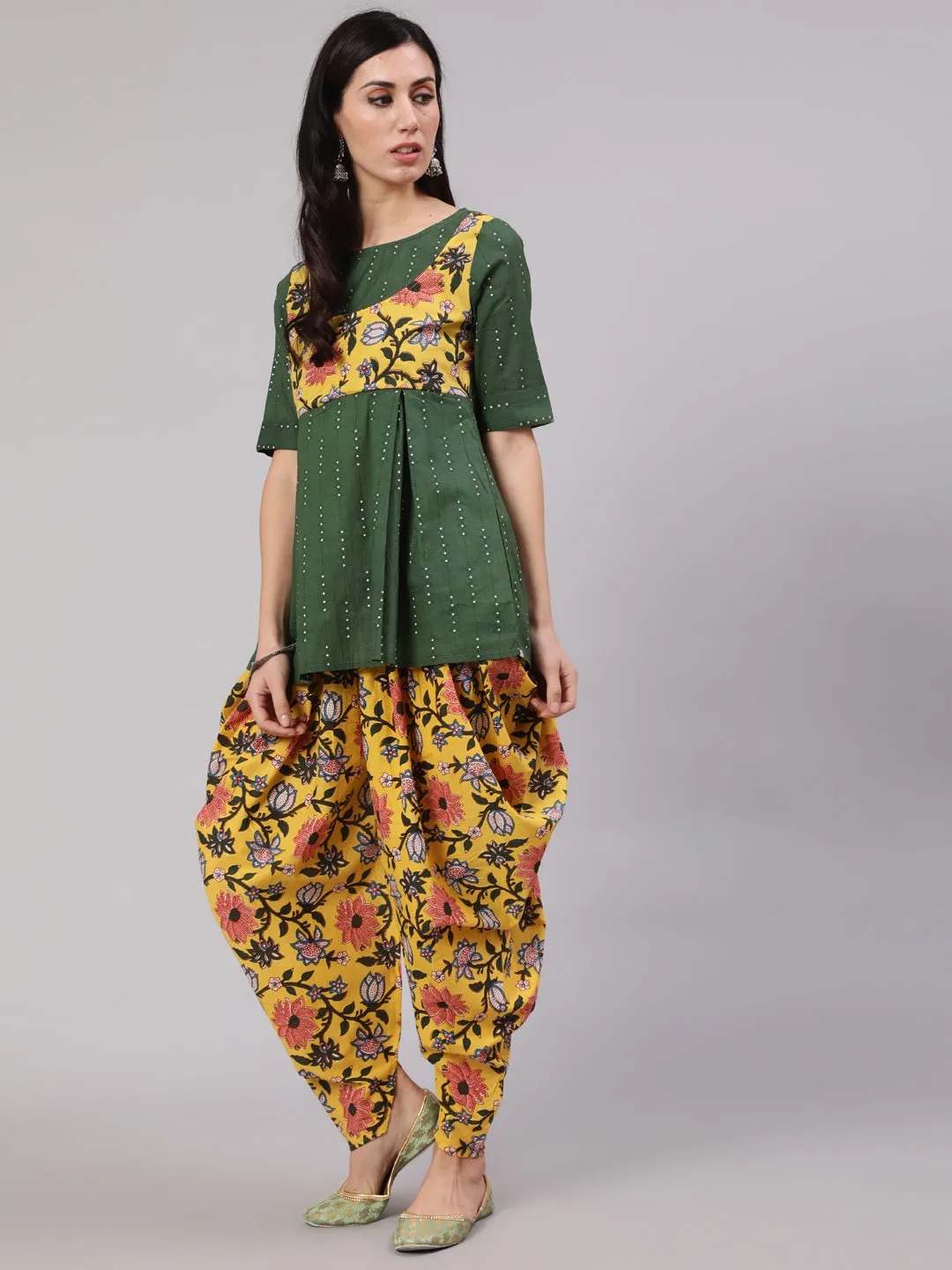 Green & Yellow Floral Print Dhoti Co Ord Set