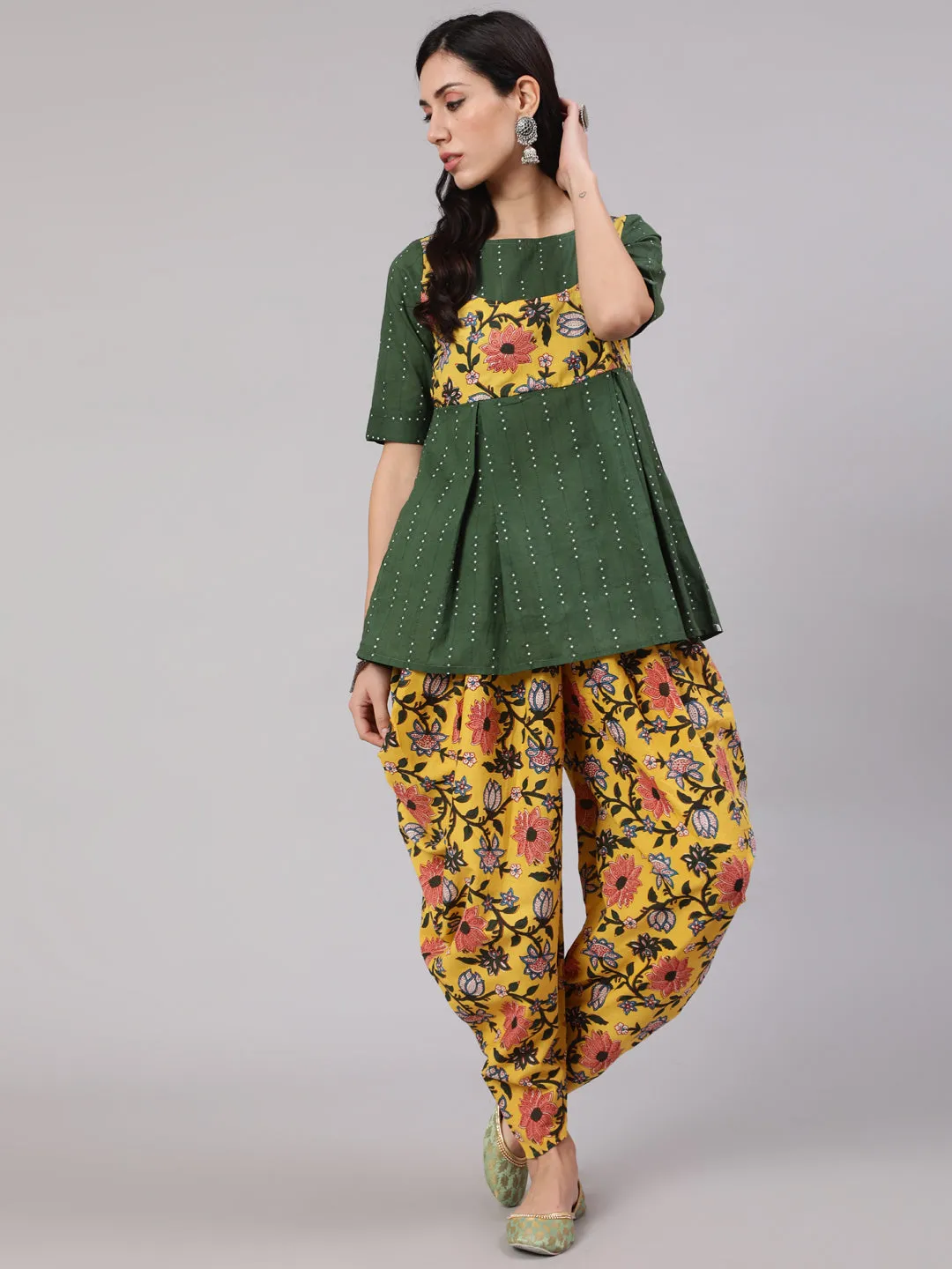 Green & Yellow Floral Print Dhoti Co Ord Set