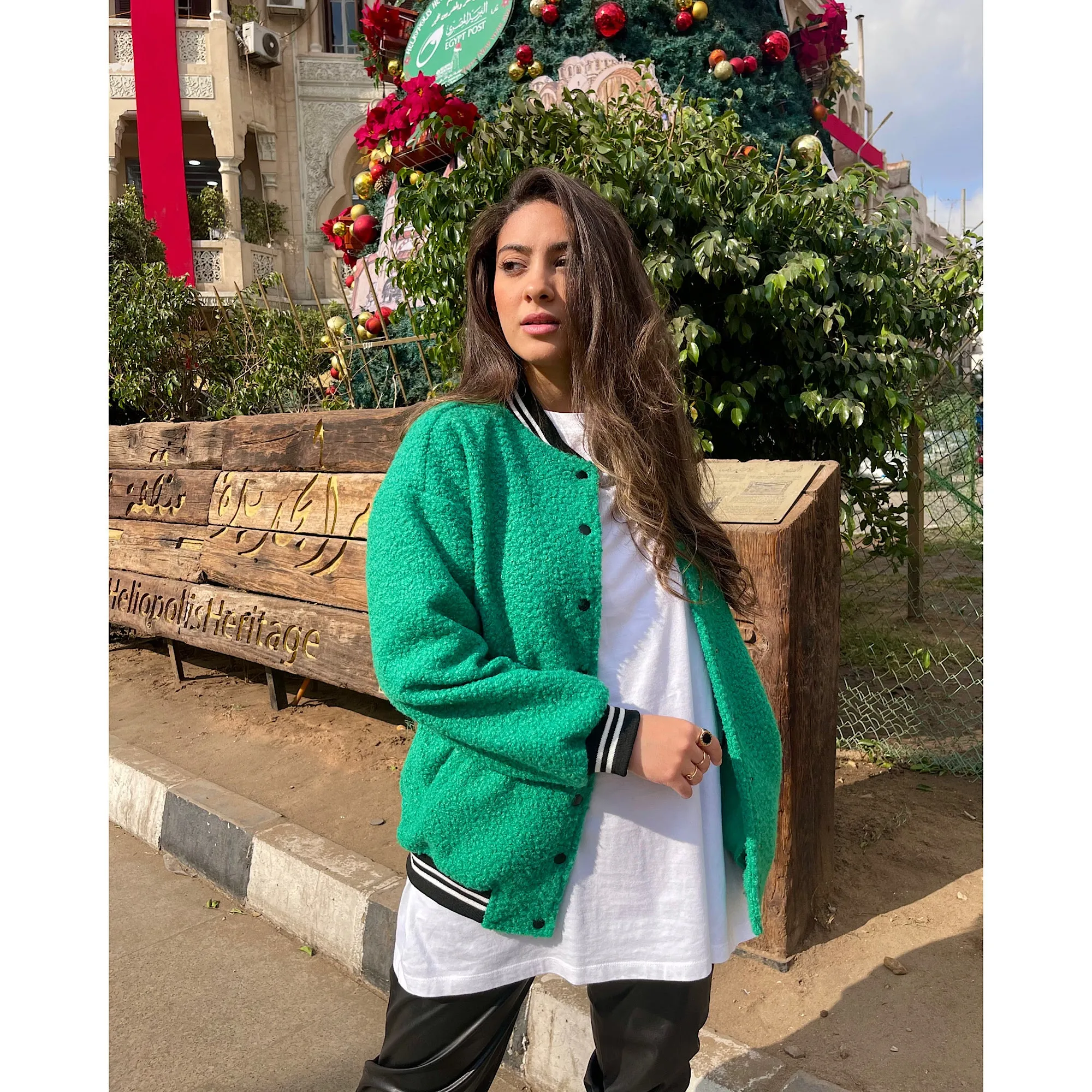 Green faux wool bomber jacket