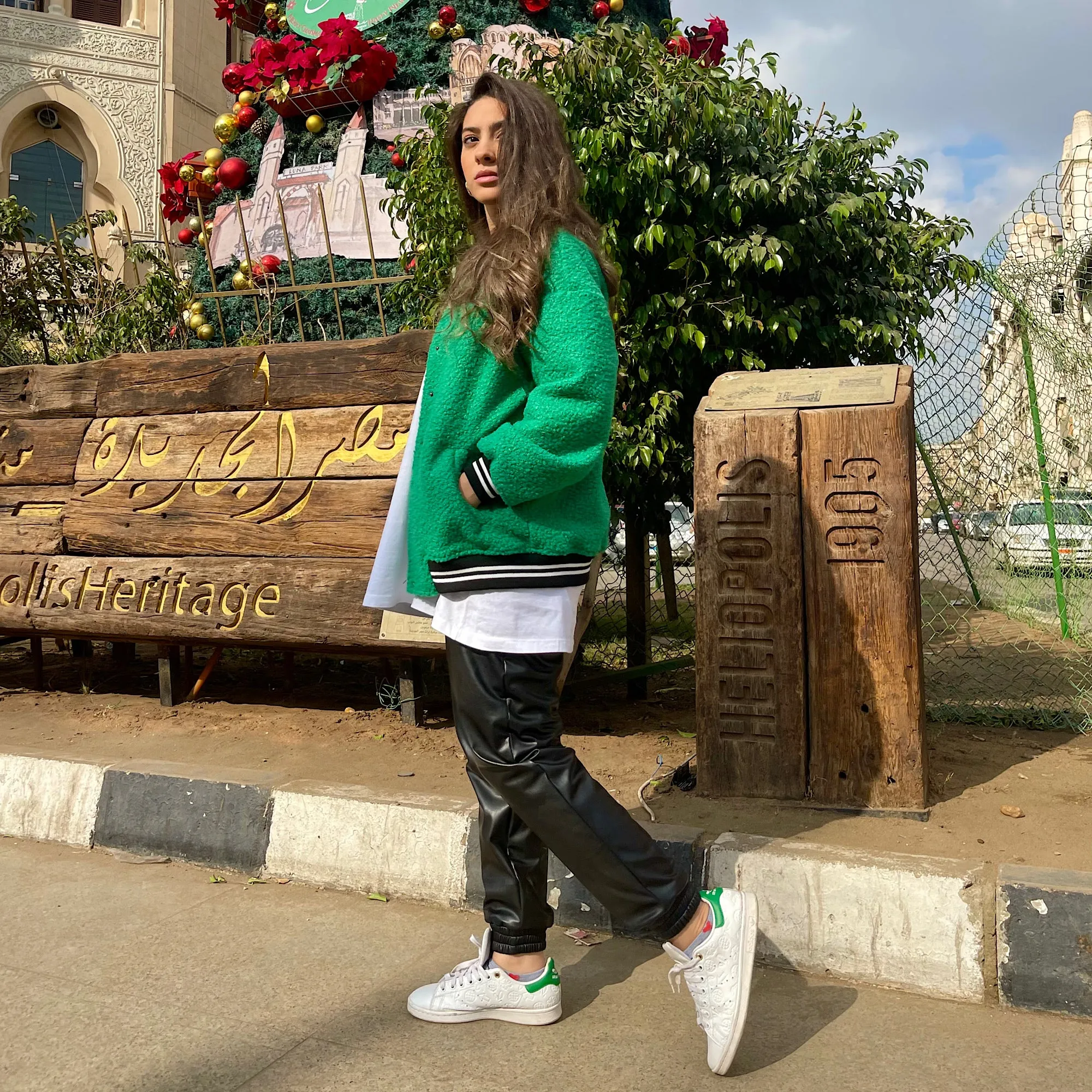 Green faux wool bomber jacket