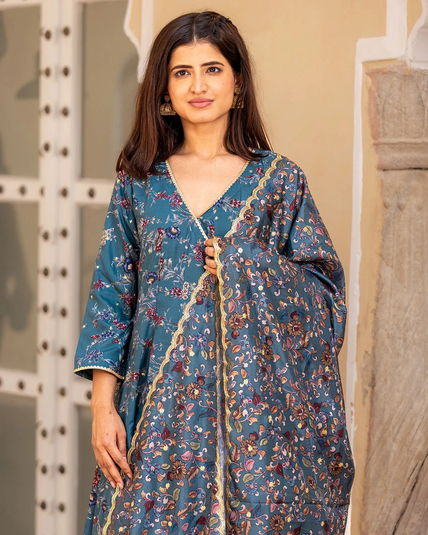 Green Kalamkari Angrakha Suit Set