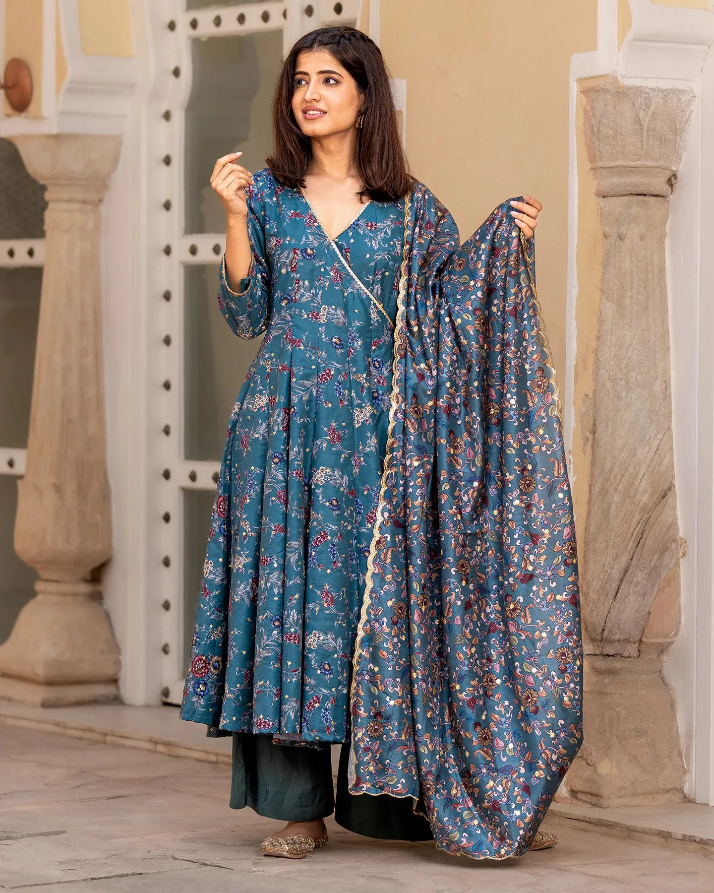 Green Kalamkari Angrakha Suit Set