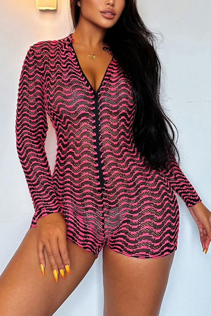 JG0292 Sheer Striped Long Sleeve Rompers