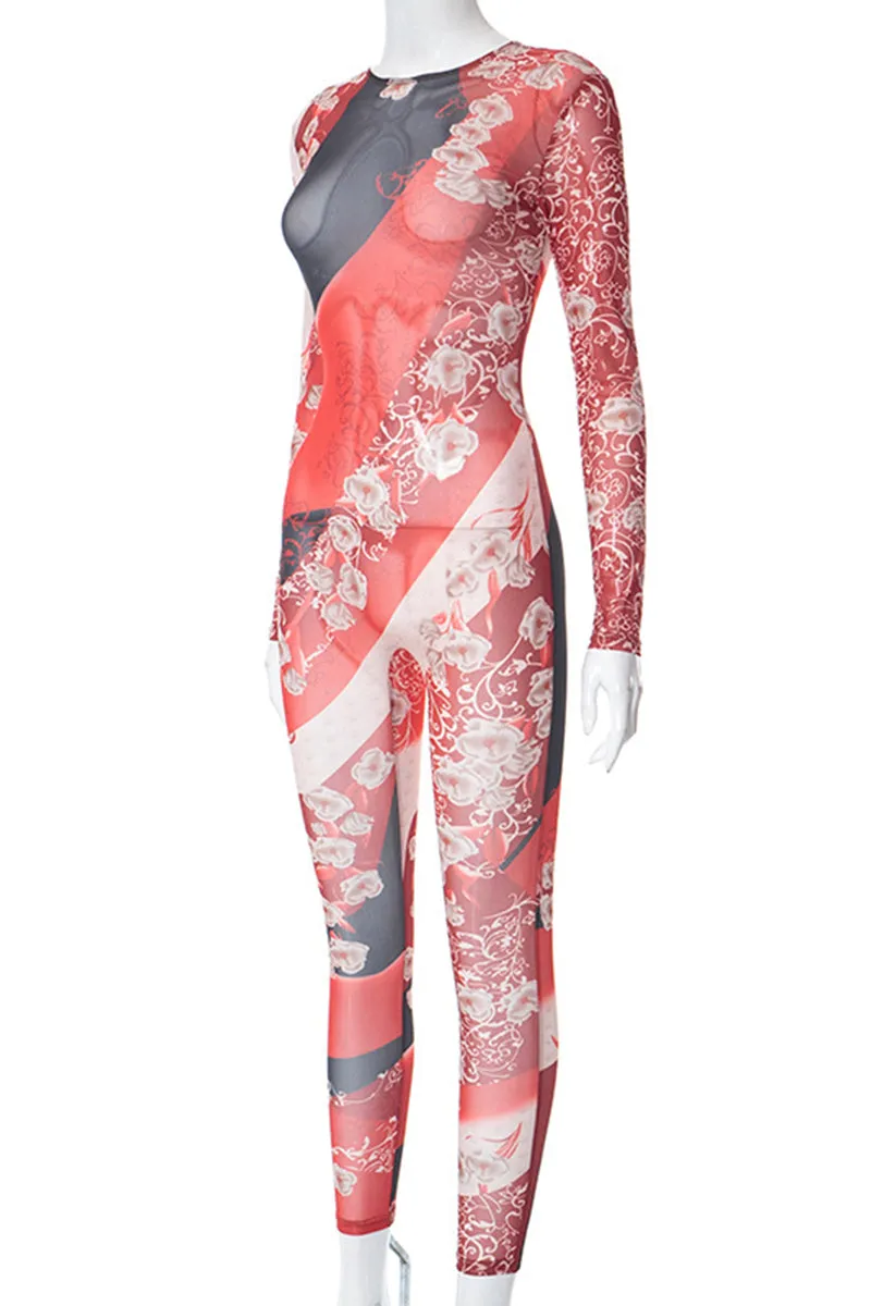 JH665 Mesh Graphic Sheer Jumpsuit
