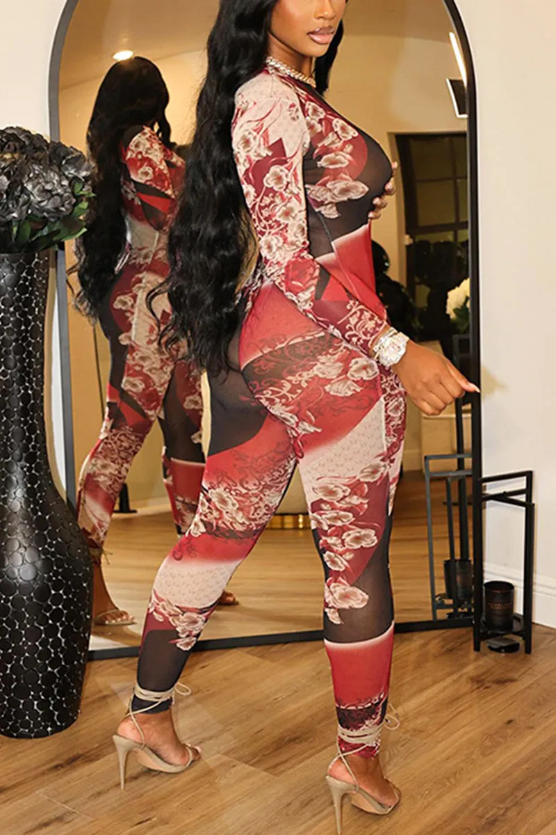 JH665 Mesh Graphic Sheer Jumpsuit