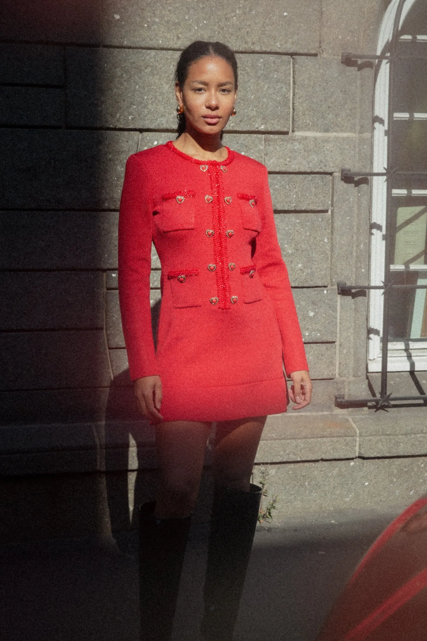 Knit Heart Buttoned Mini Dress - Red