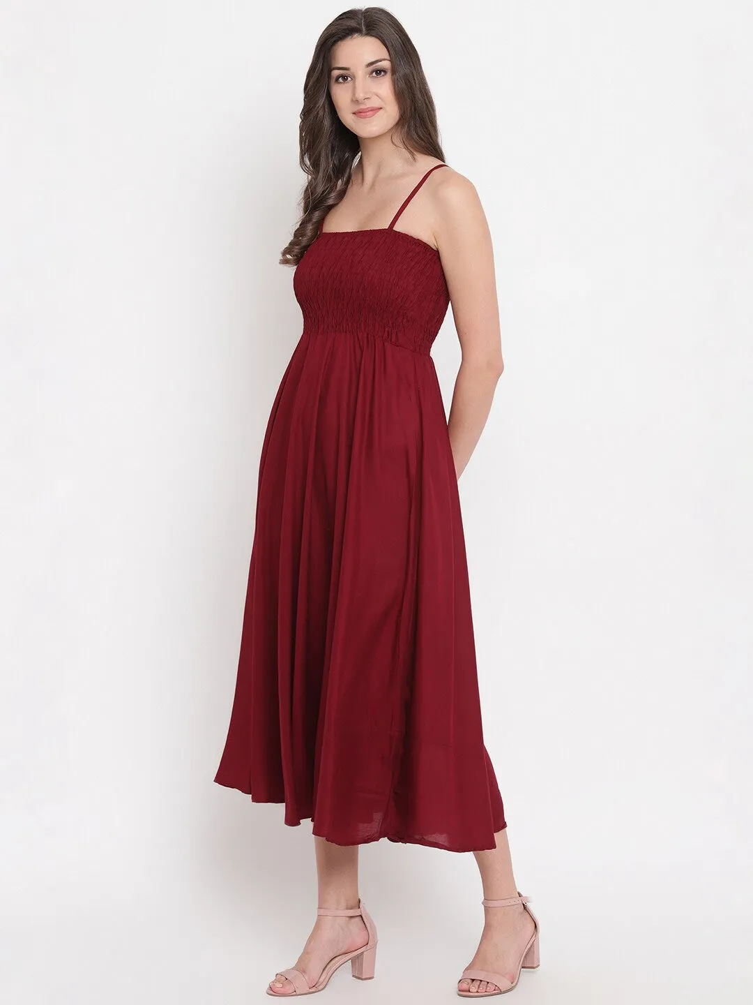 Maroon Solid Knit Gown Sleeveless Midi Dress