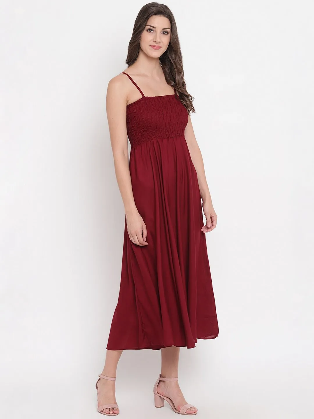 Maroon Solid Knit Gown Sleeveless Midi Dress