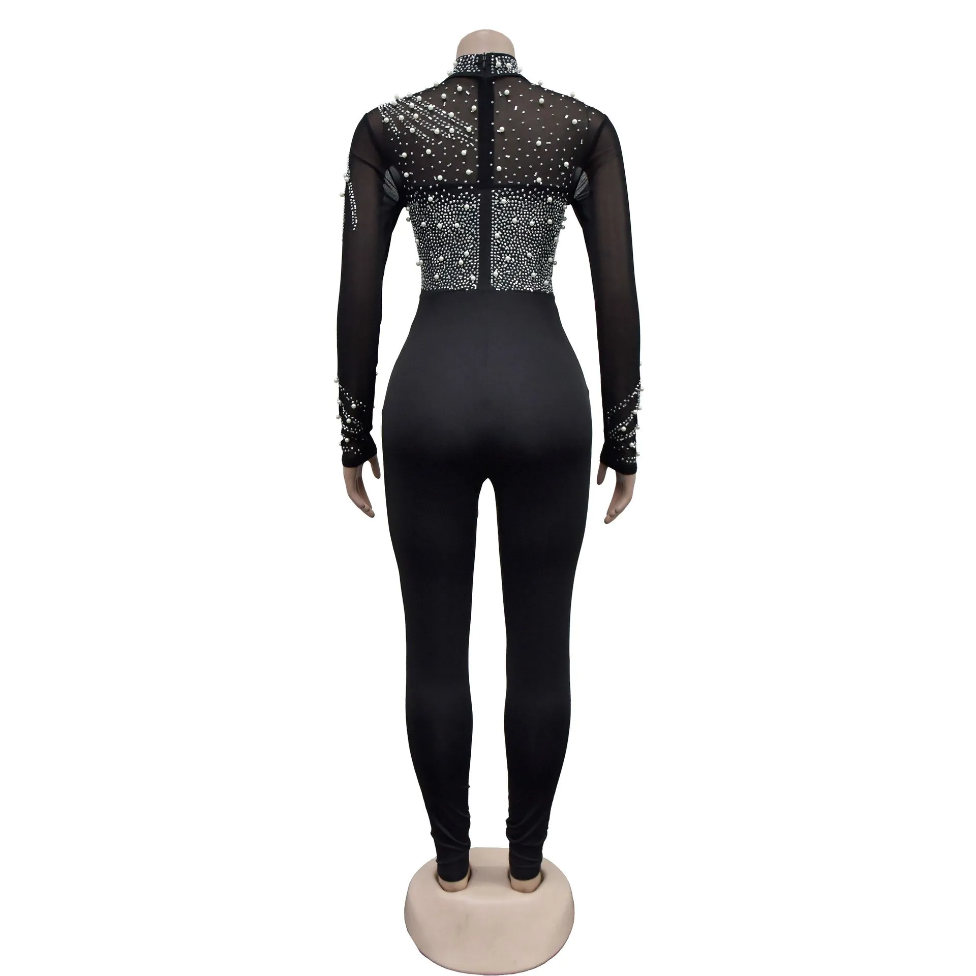MB2202 diamond round neck long sleeve hollow out jumpsuit solid bodycon casual sexy bodysuit for women