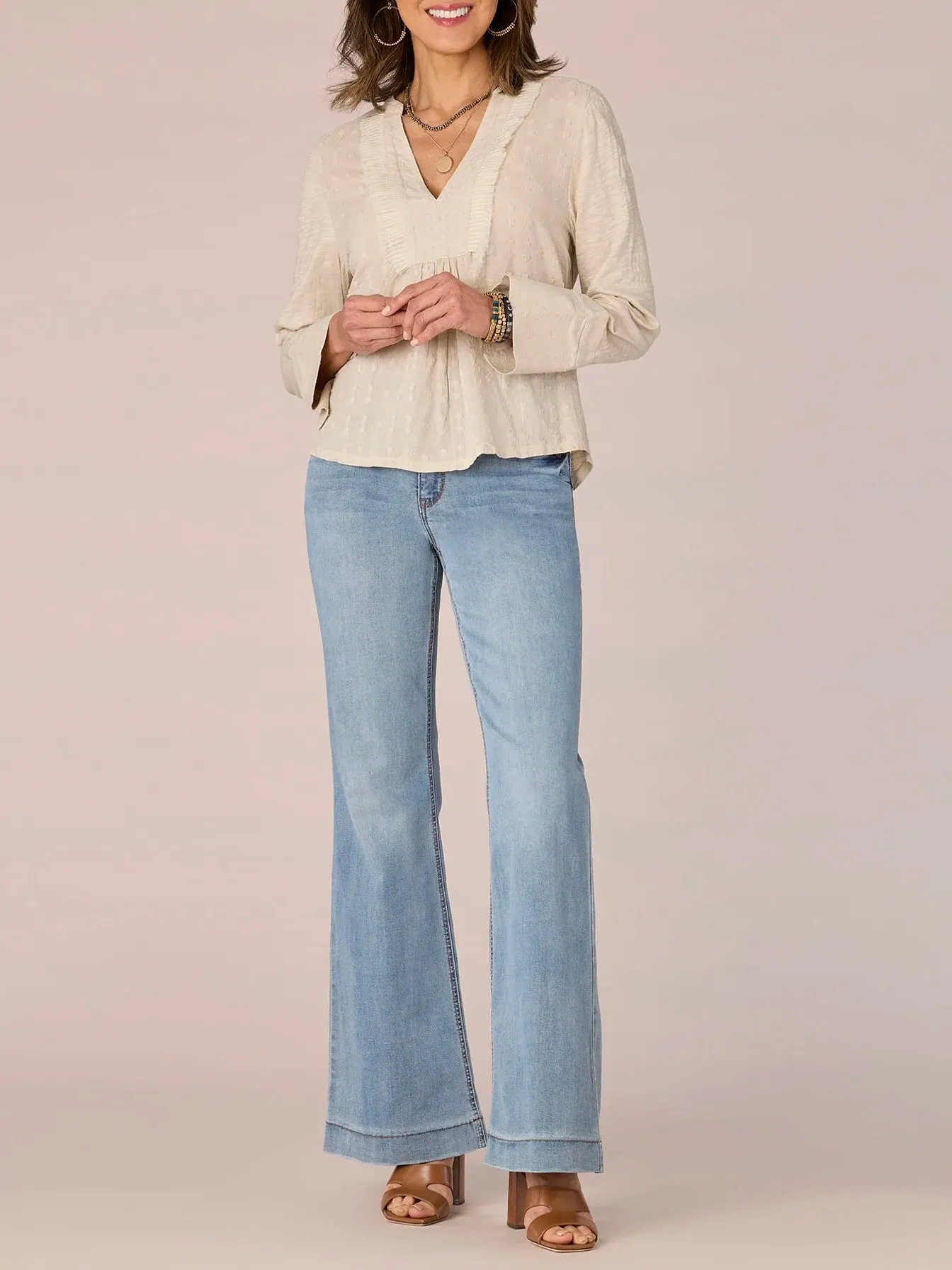 Mixed Media Placket Blouse - Stone