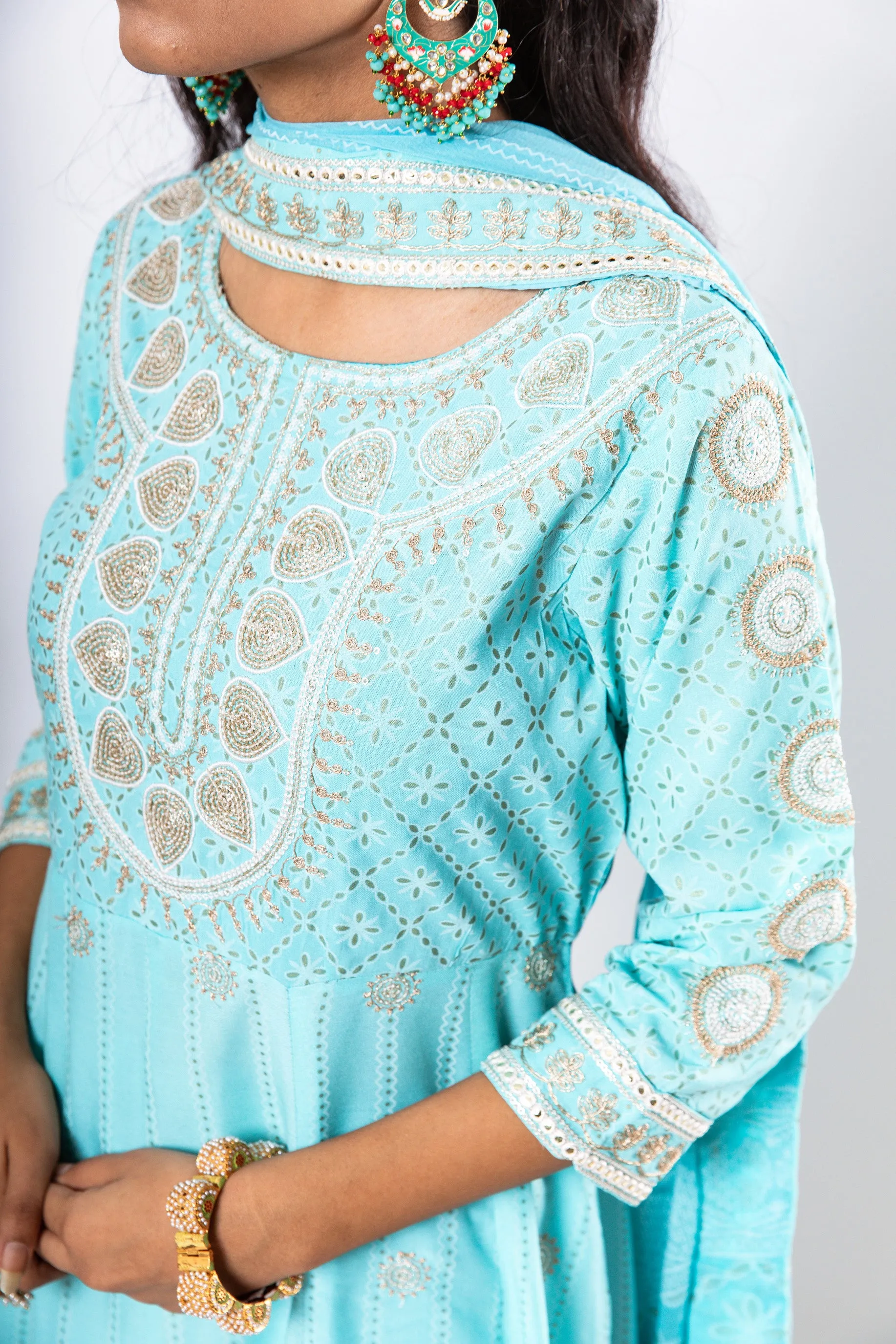 Nilambar Women's Turquoise Color Rayon Anarkali Kurta Pant Dupatta With Fancy Potli