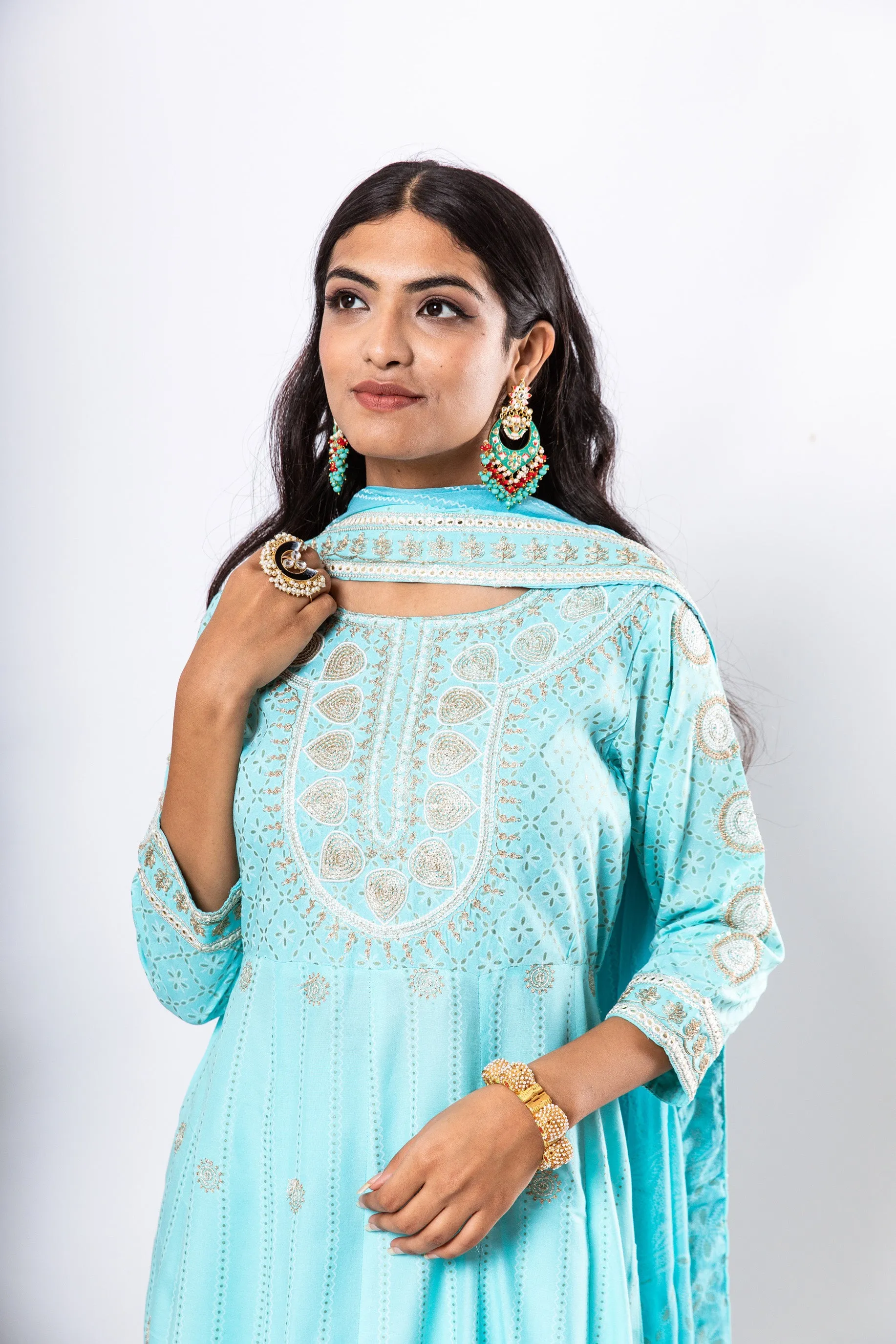Nilambar Women's Turquoise Color Rayon Anarkali Kurta Pant Dupatta With Fancy Potli