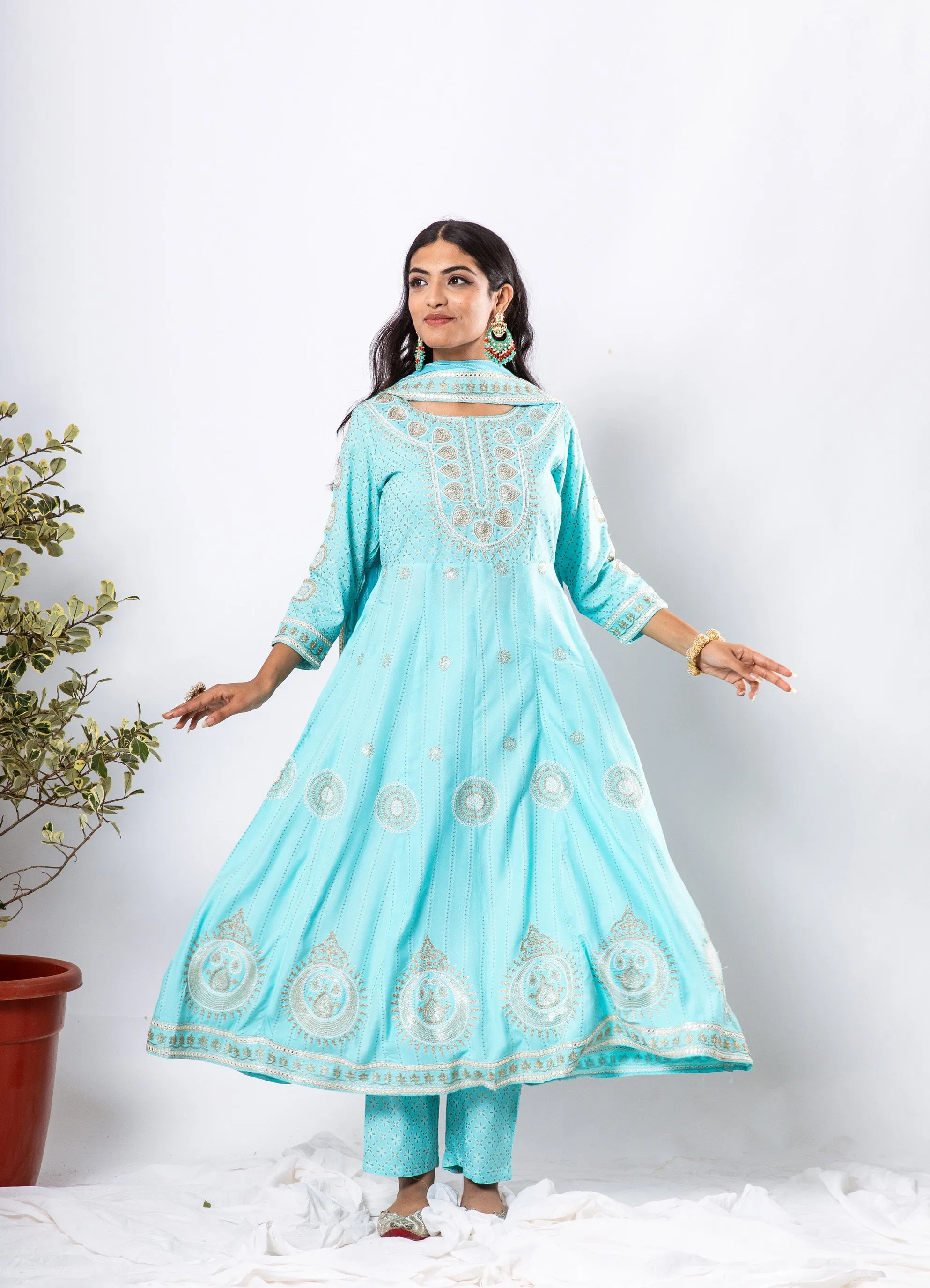 Nilambar Women's Turquoise Color Rayon Anarkali Kurta Pant Dupatta With Fancy Potli