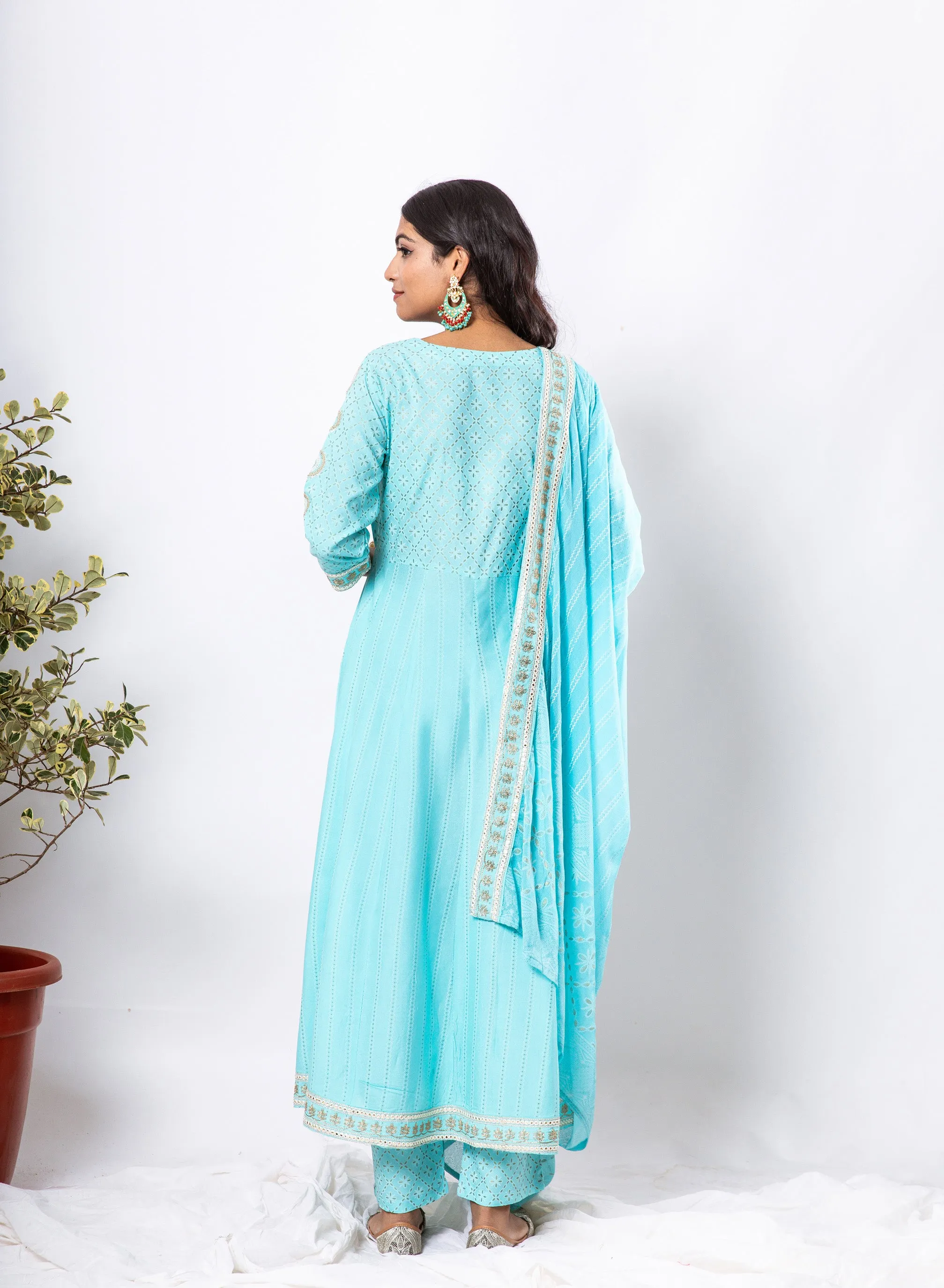 Nilambar Women's Turquoise Color Rayon Anarkali Kurta Pant Dupatta With Fancy Potli