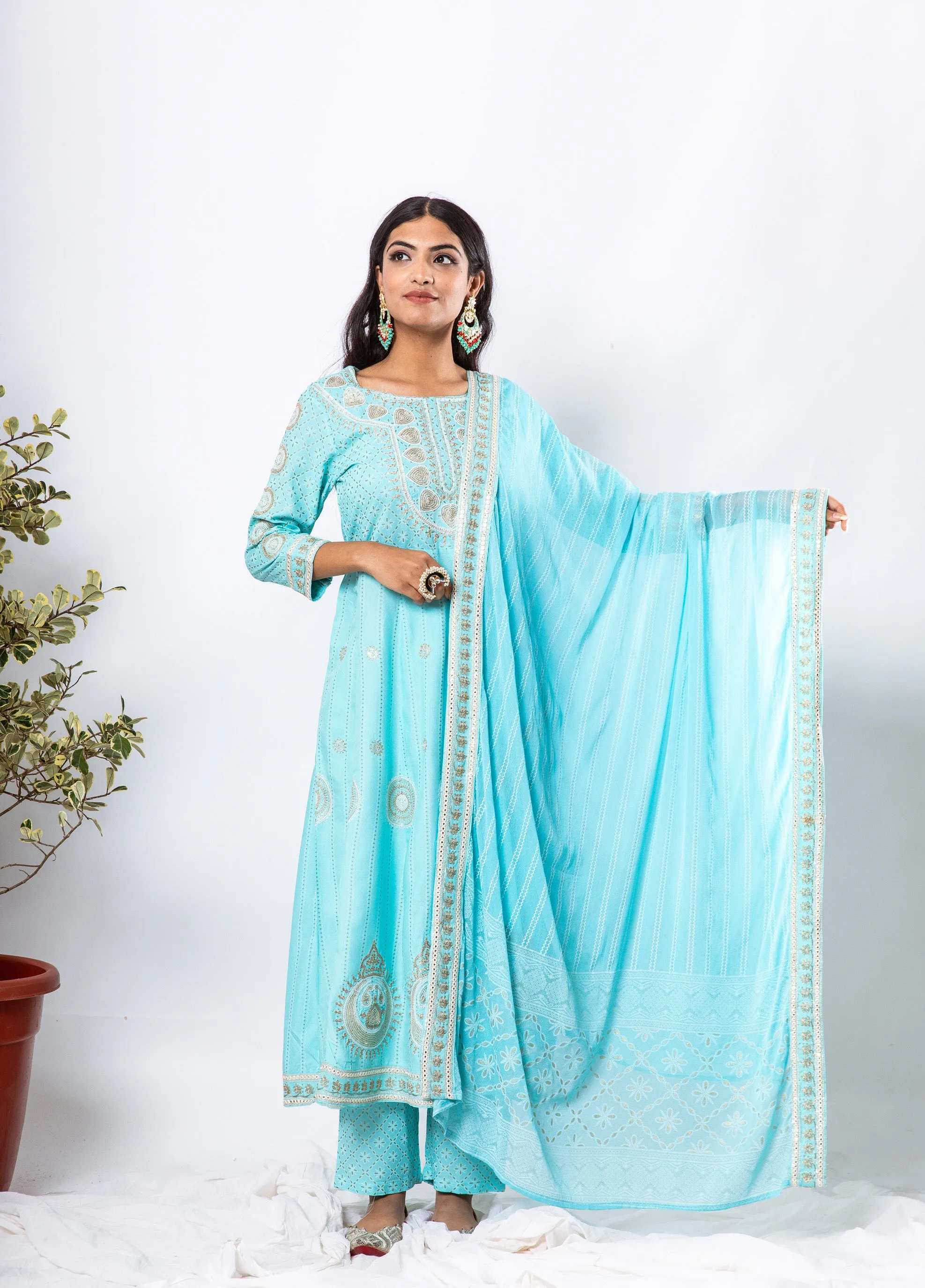Nilambar Women's Turquoise Color Rayon Anarkali Kurta Pant Dupatta With Fancy Potli