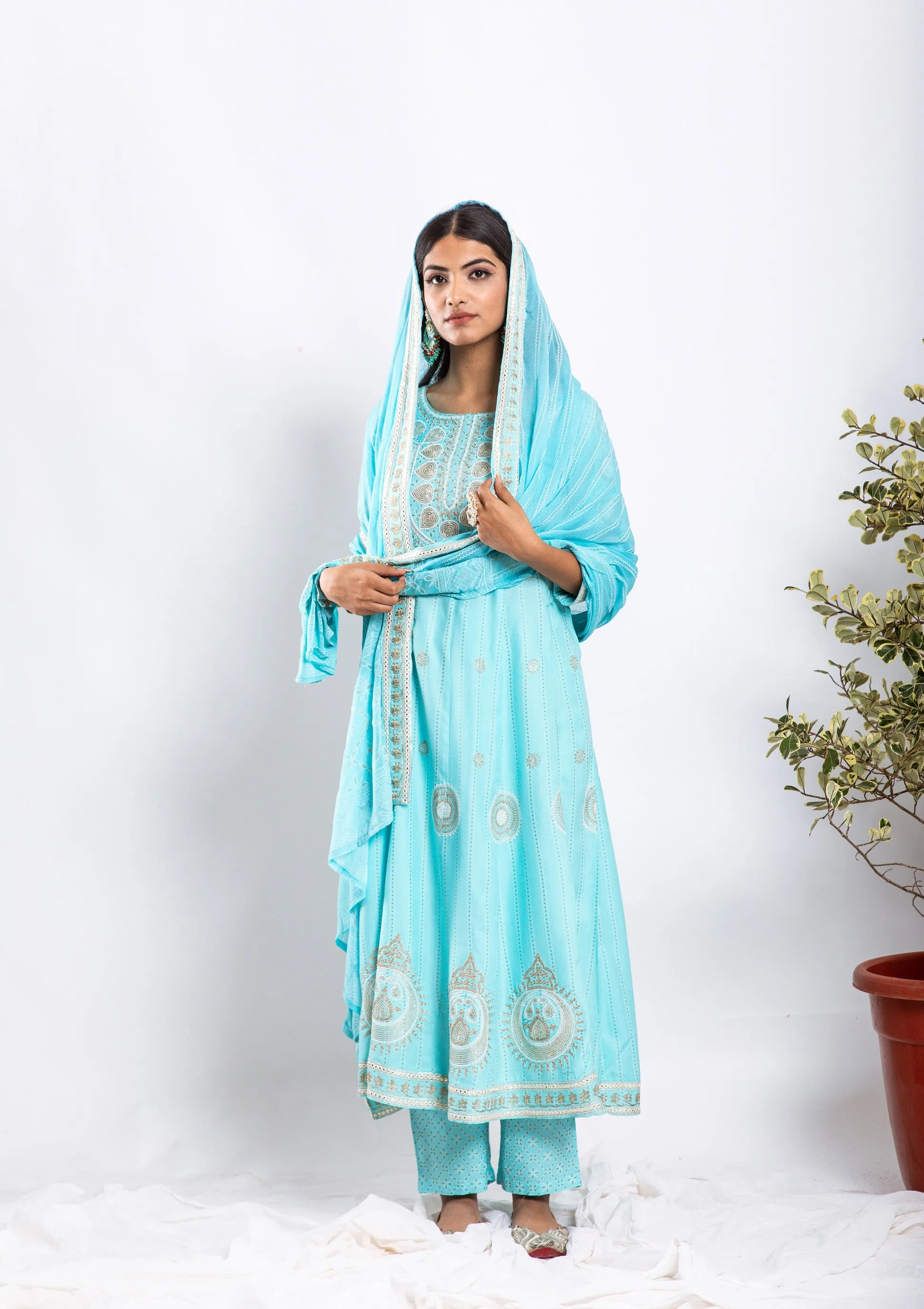 Nilambar Women's Turquoise Color Rayon Anarkali Kurta Pant Dupatta With Fancy Potli