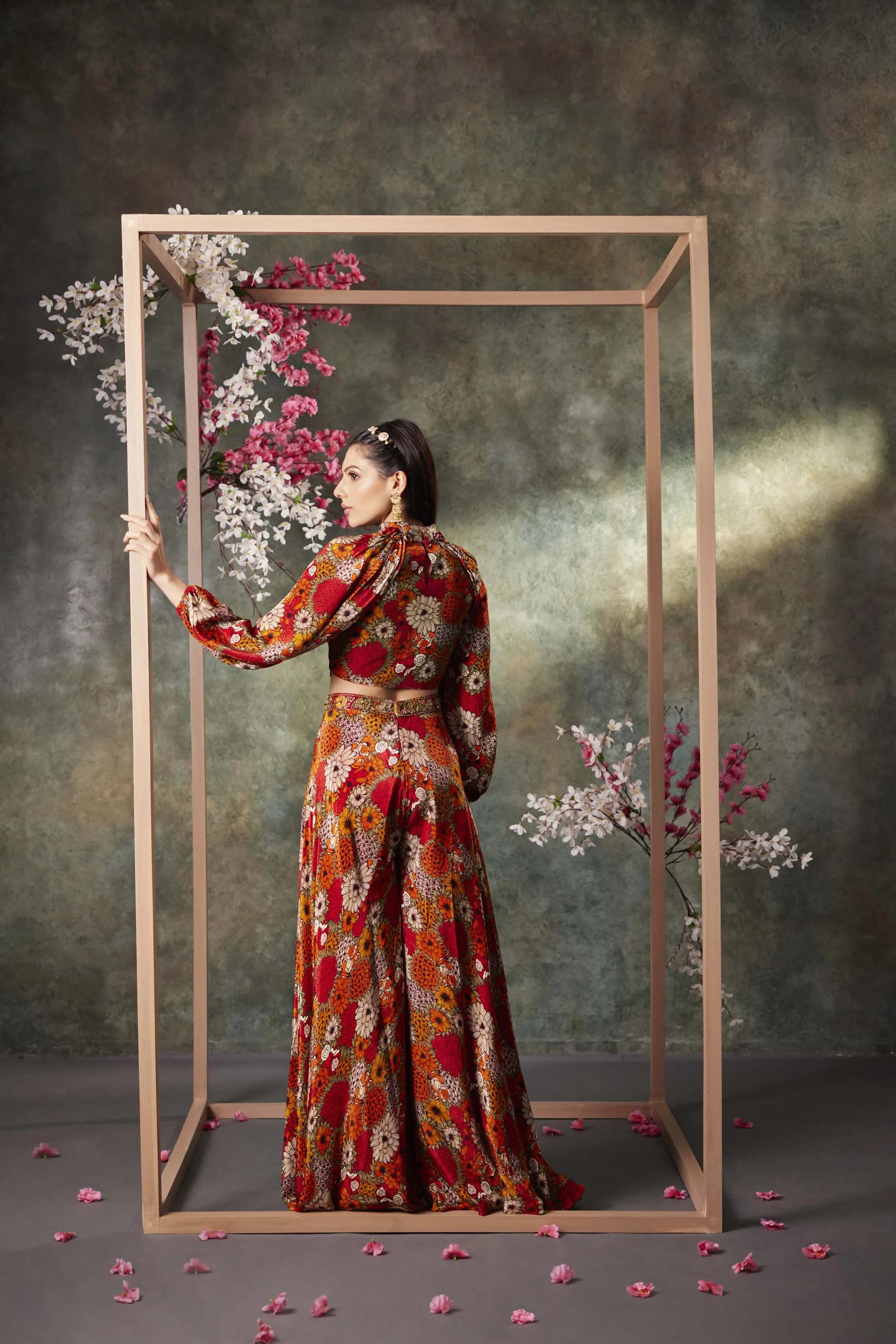 Orange Printed Balloon Sleeves Top And Panel Pants Set With Embroidery