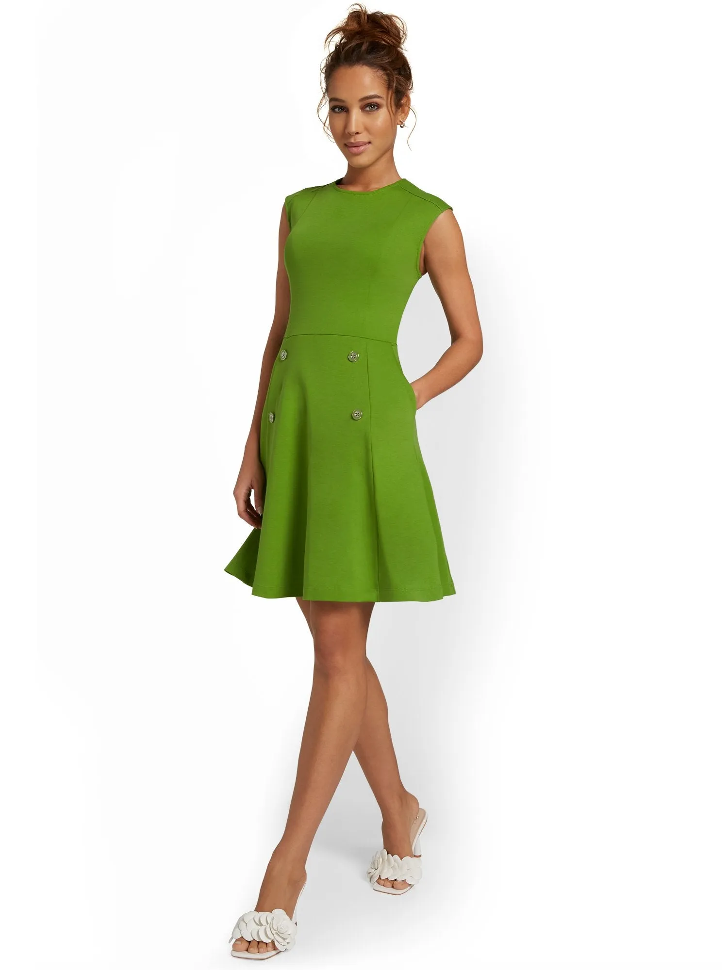 Petite Button-Front Flare Dress - City Knits