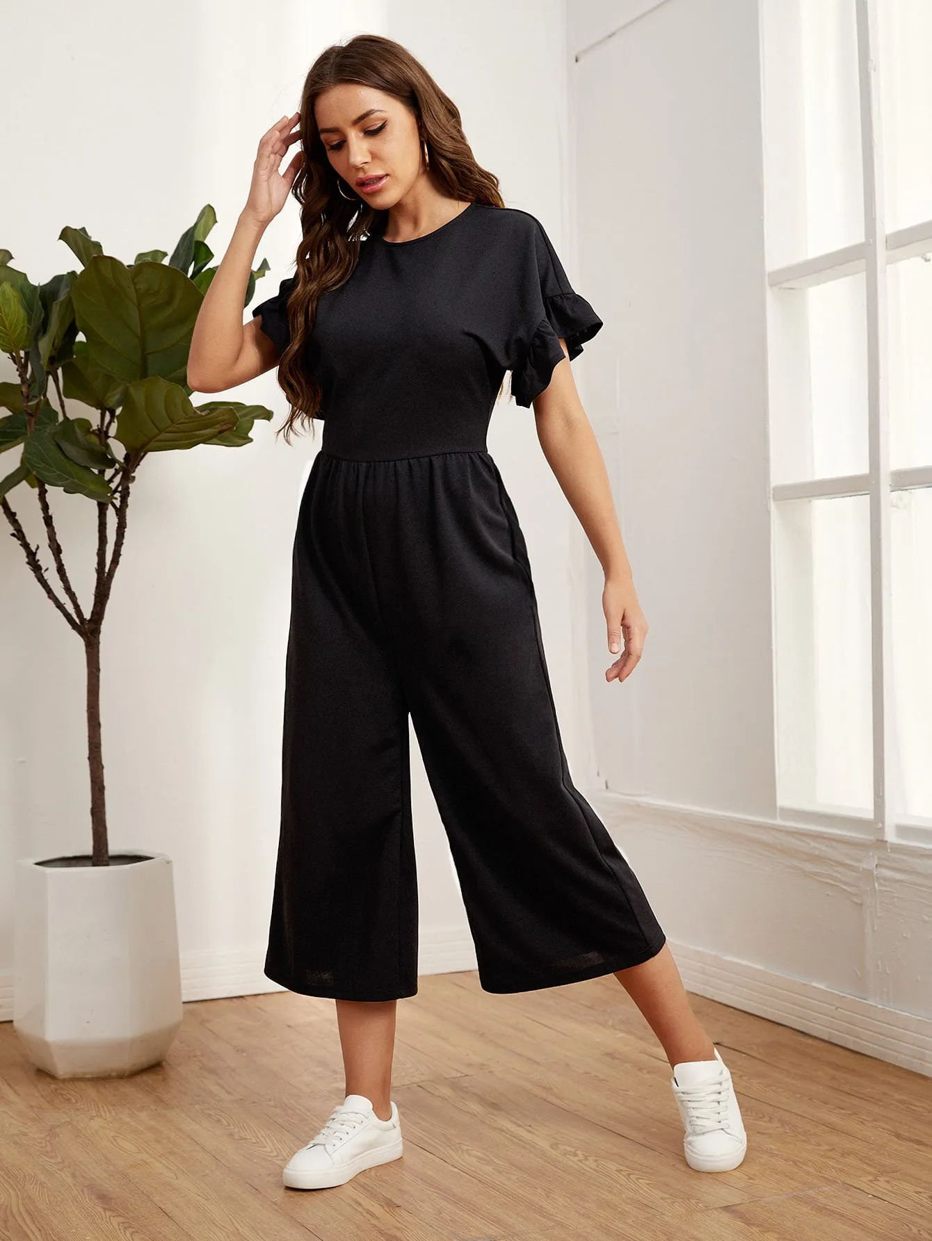 Ruffle Cuff  Solid Jumpsuit