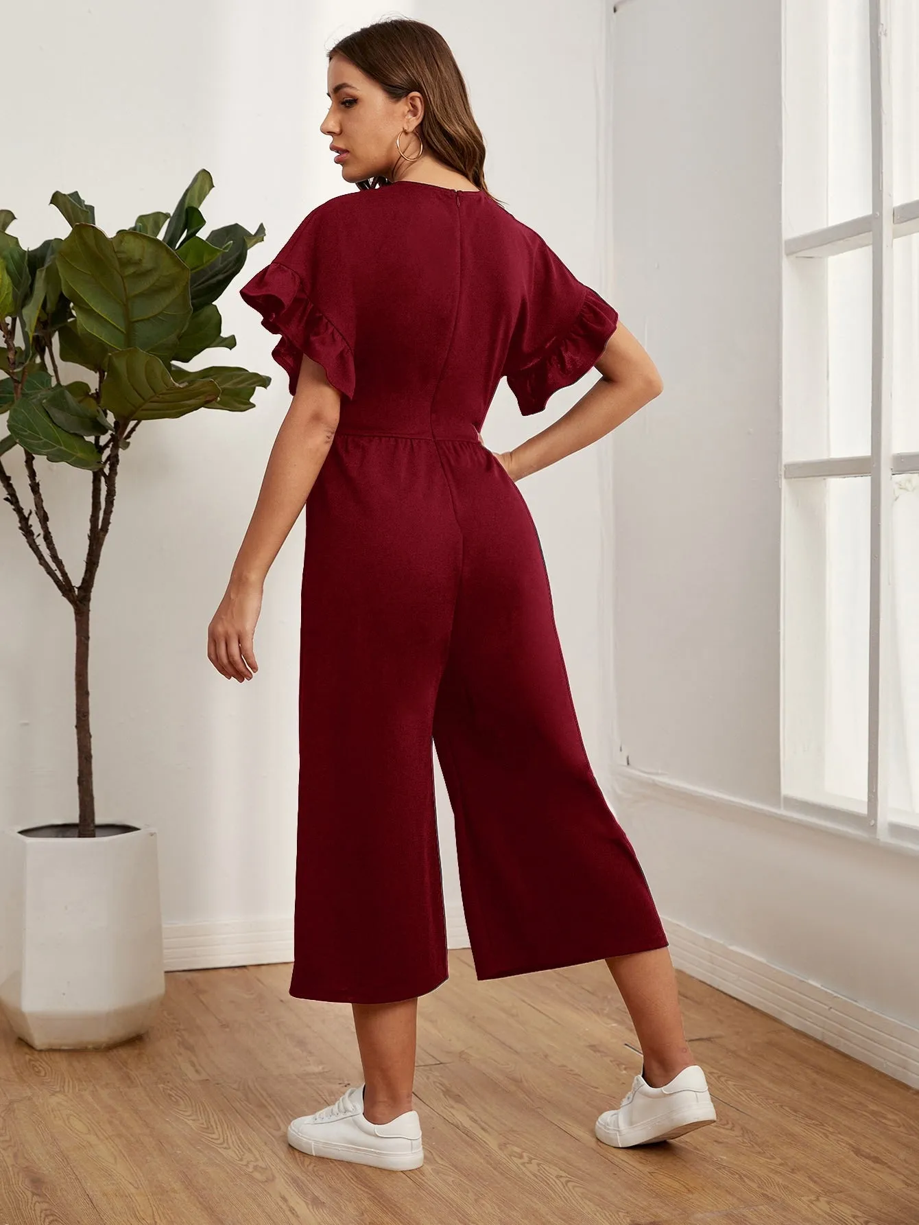 Ruffle Cuff  Solid Jumpsuit