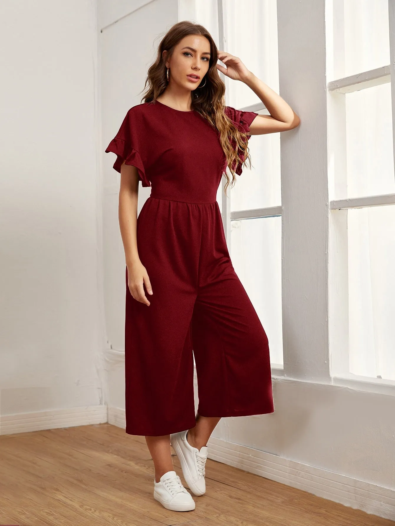 Ruffle Cuff  Solid Jumpsuit