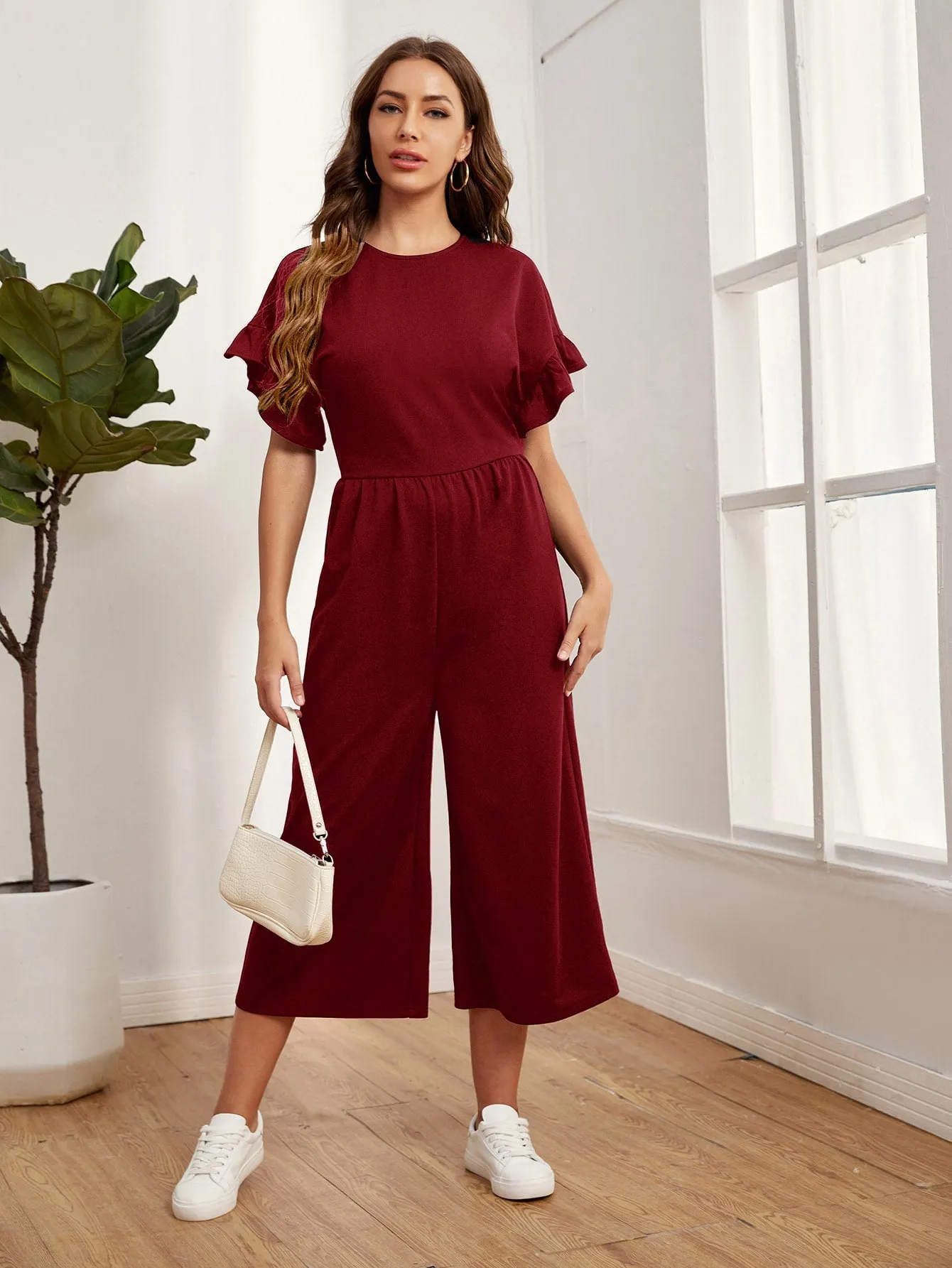 Ruffle Cuff  Solid Jumpsuit