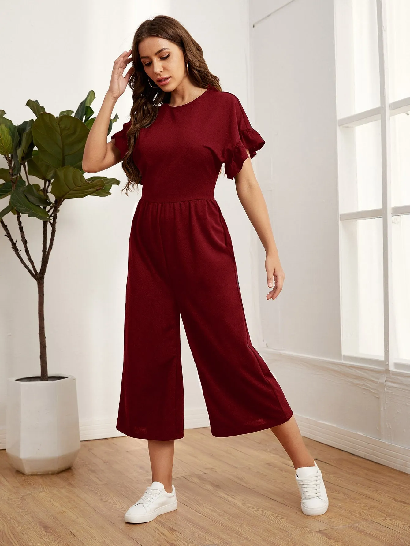 Ruffle Cuff  Solid Jumpsuit