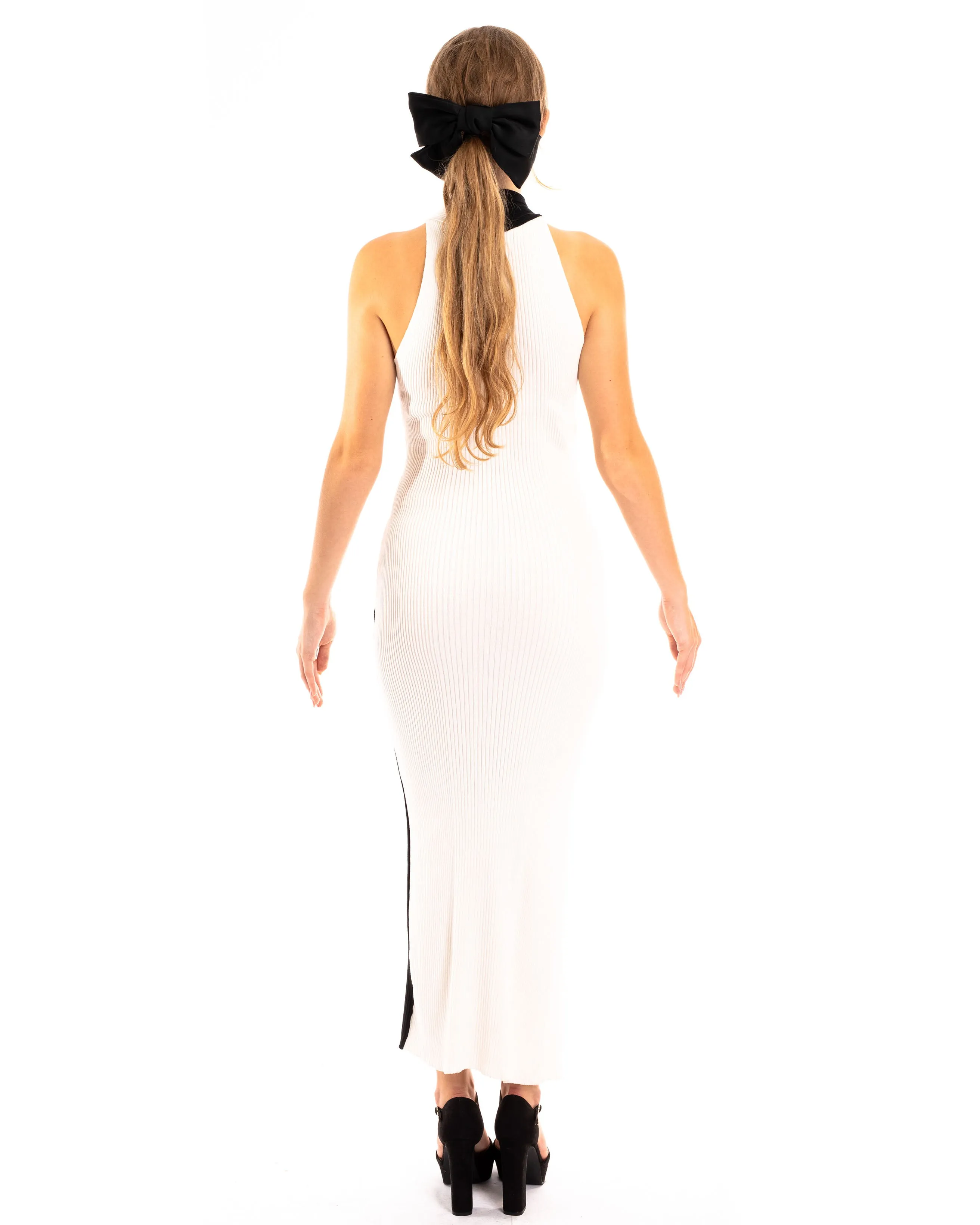 Soft Knitted Ribbed Midi Bodycon twist neck Dress In Black white Contrast