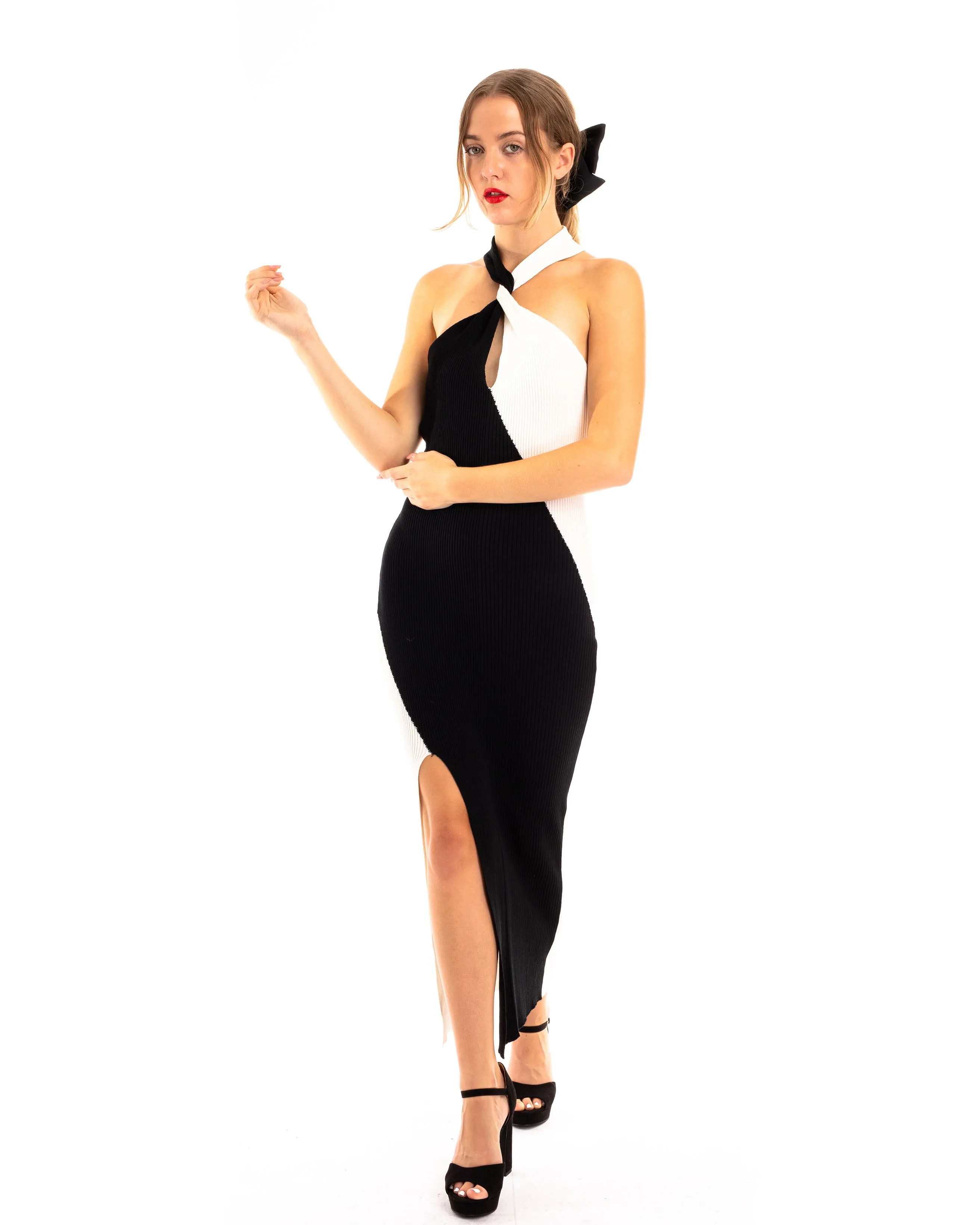 Soft Knitted Ribbed Midi Bodycon twist neck Dress In Black white Contrast
