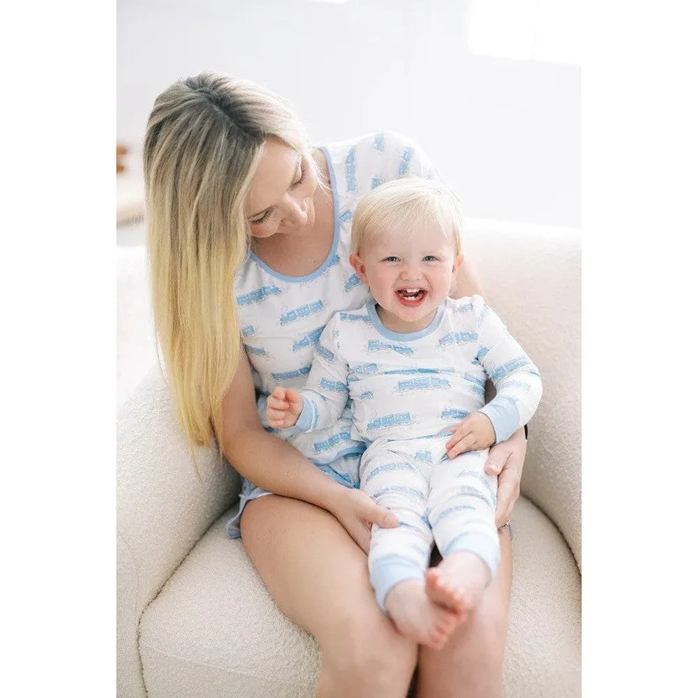 The Uptown Baby Blue Trains Long Sleeve Romper