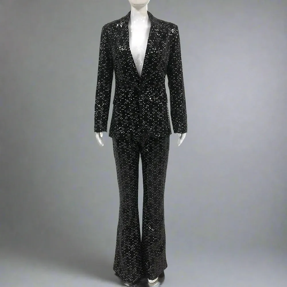 Trend4us Women's Sequin Blazer and Flared Pants Set