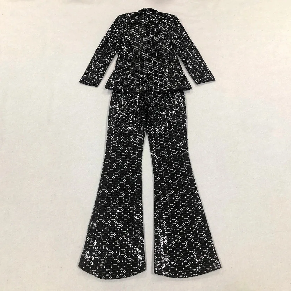 Trend4us Women's Sequin Blazer and Flared Pants Set