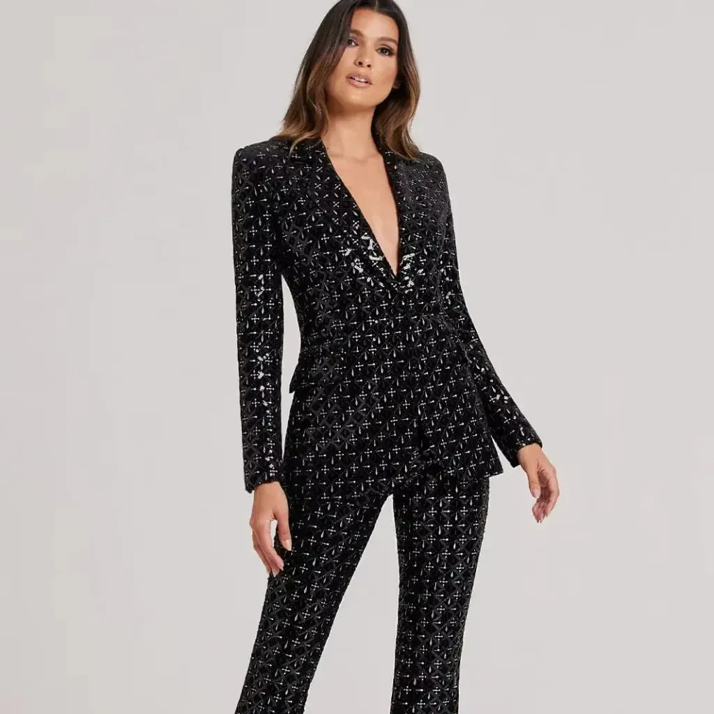 Trend4us Women's Sequin Blazer and Flared Pants Set