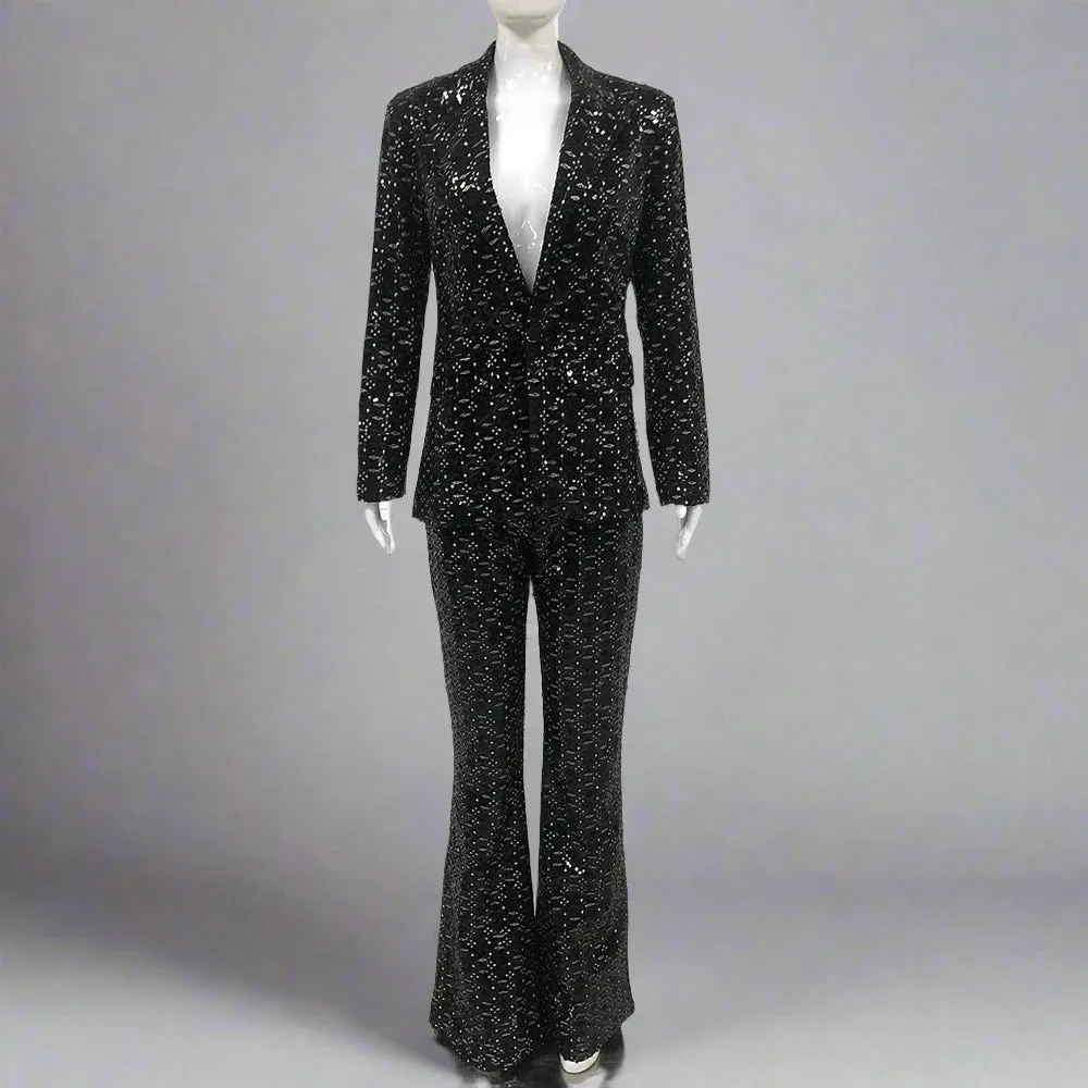 Trend4us Women's Sequin Blazer and Flared Pants Set