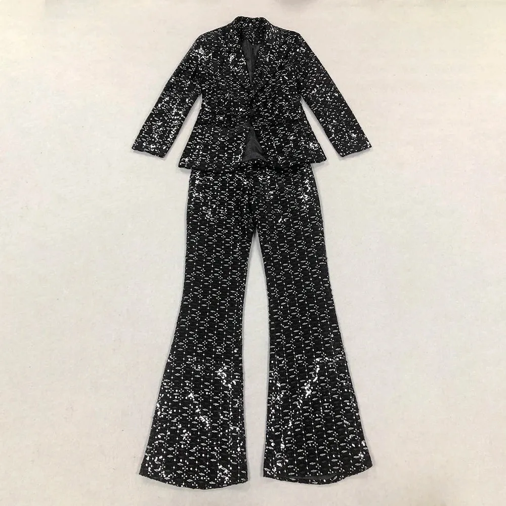Trend4us Women's Sequin Blazer and Flared Pants Set