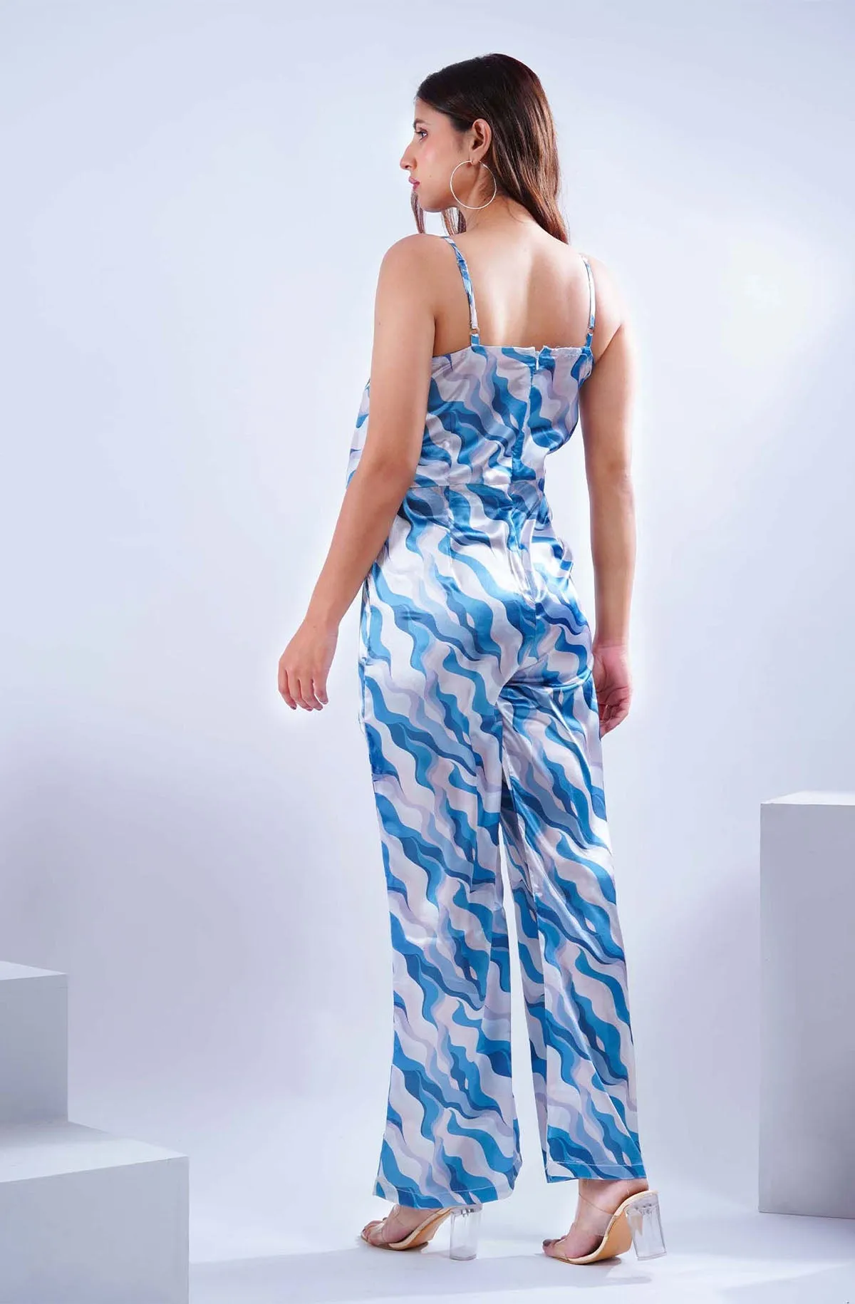 White and Blue Wave Pattern Jumpsuit