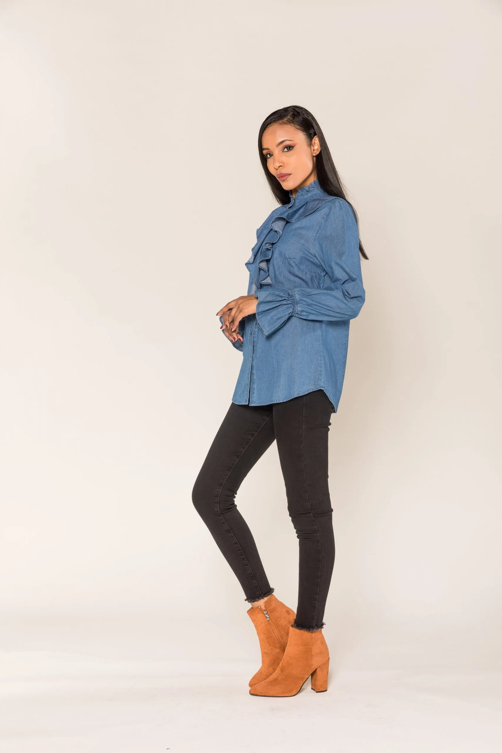Wholesale Blue Denim Shirt with Flounce in the Center