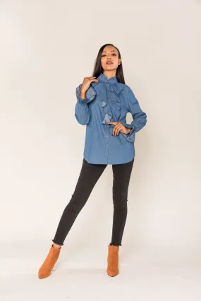 Wholesale Blue Denim Shirt with Flounce in the Center