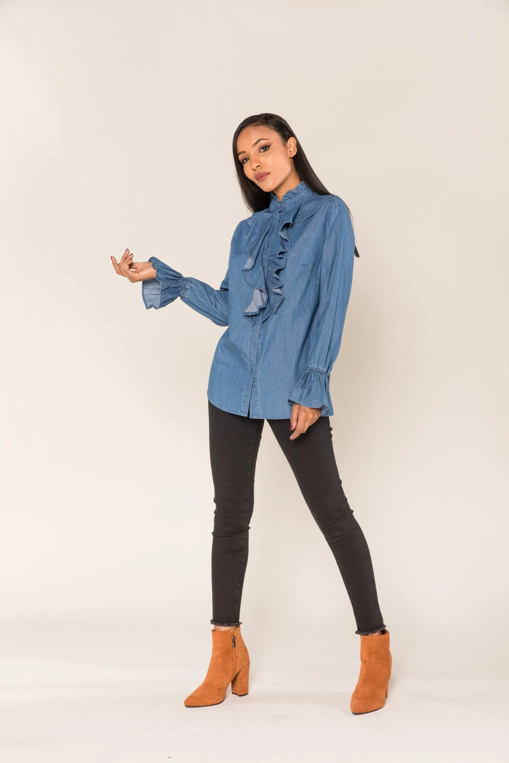 Wholesale Blue Denim Shirt with Flounce in the Center