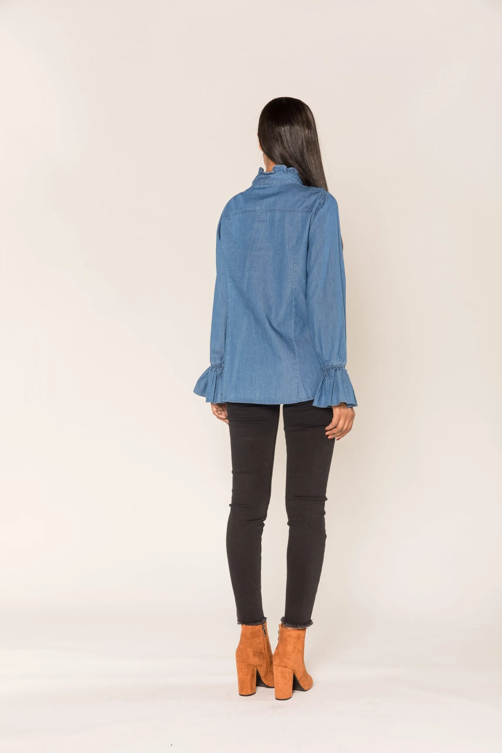 Wholesale Blue Denim Shirt with Flounce in the Center