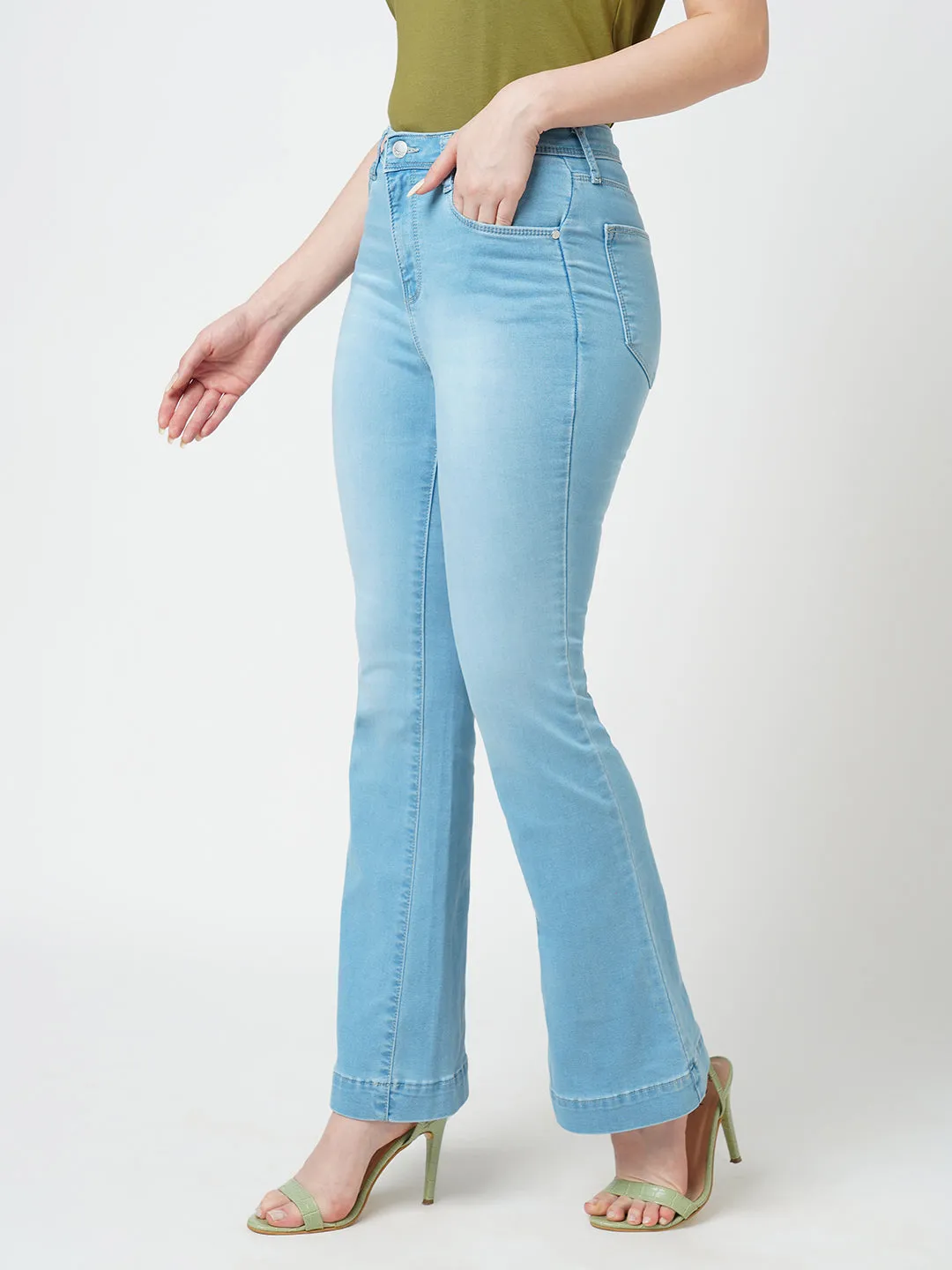 Women Light Blue High-Rise Mini Flare Jeans