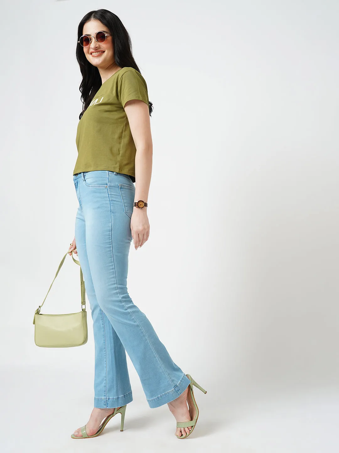 Women Light Blue High-Rise Mini Flare Jeans