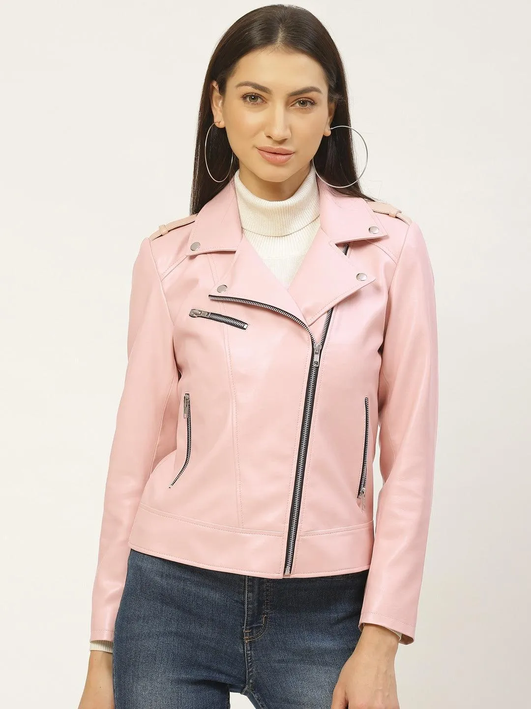 Women Pink Solid Lightweight Biker Jacket | QAWACH