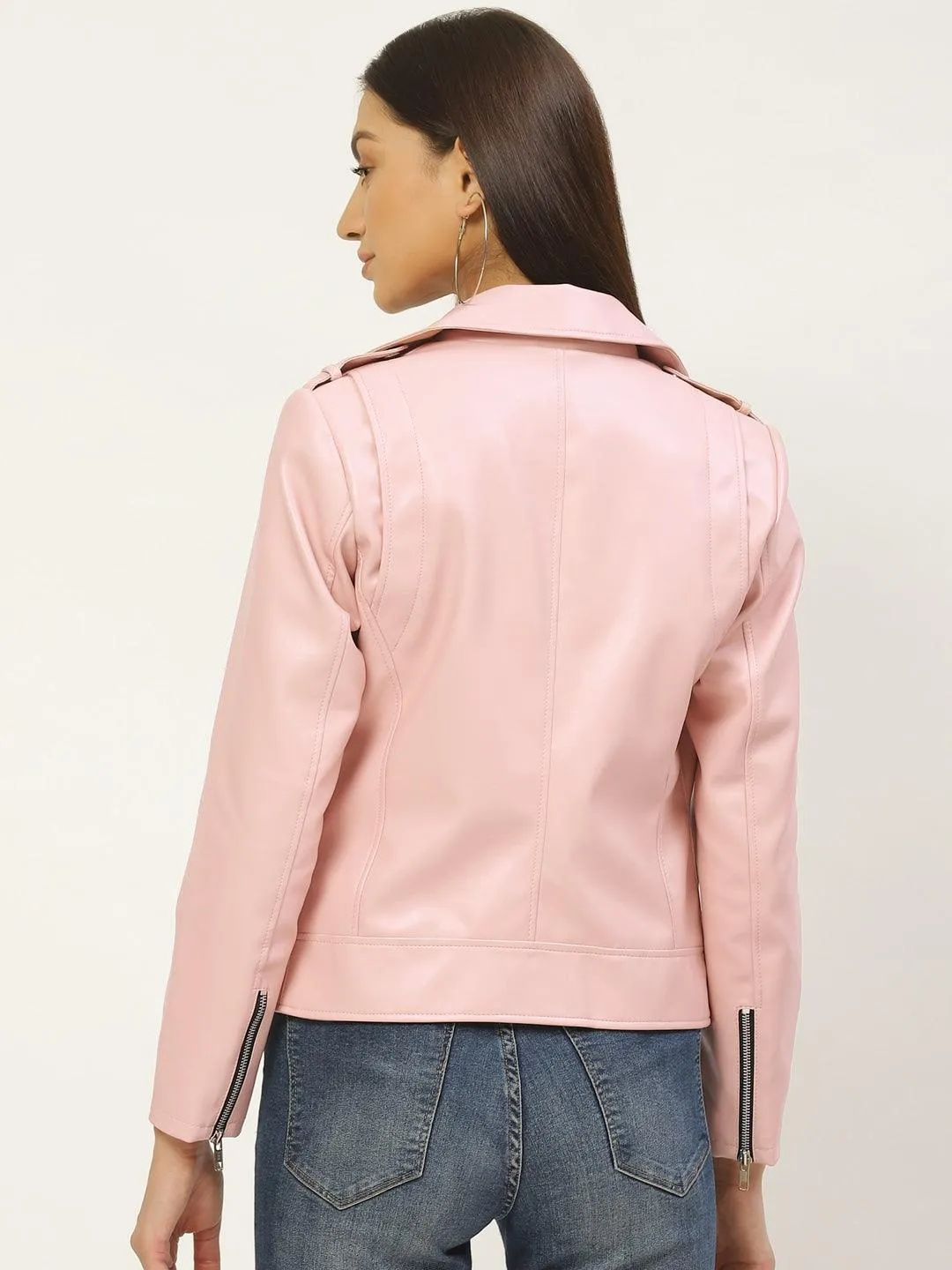 Women Pink Solid Lightweight Biker Jacket | QAWACH
