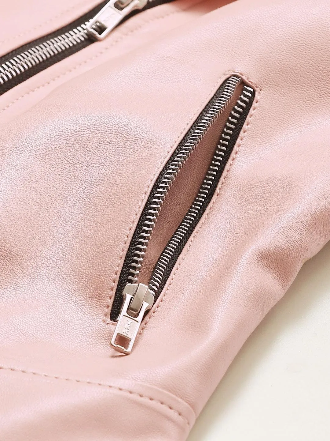 Women Pink Solid Lightweight Biker Jacket | QAWACH
