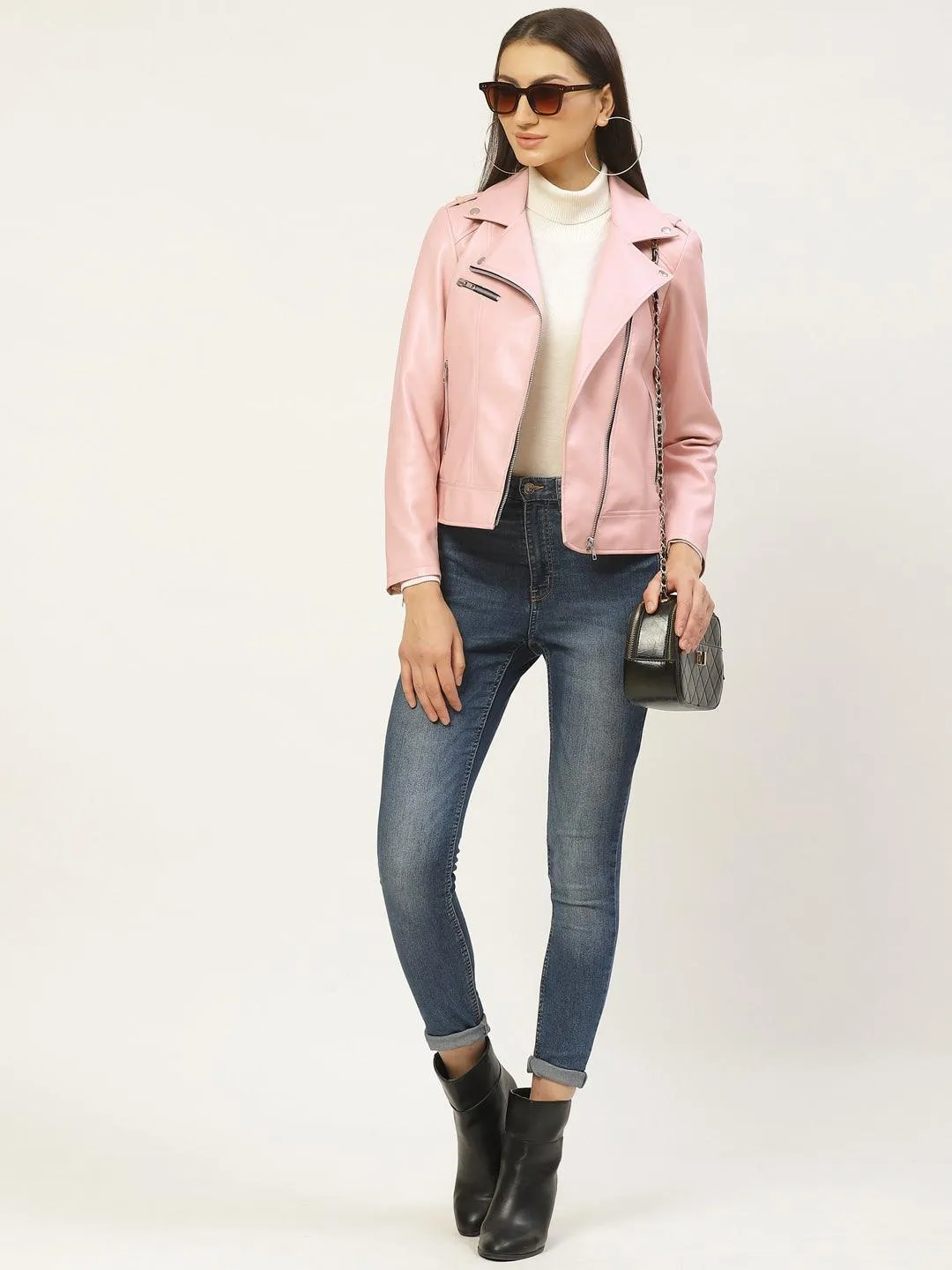 Women Pink Solid Lightweight Biker Jacket | QAWACH