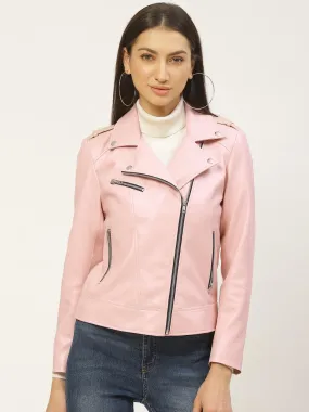 Women Pink Solid Lightweight Biker Jacket | QAWACH