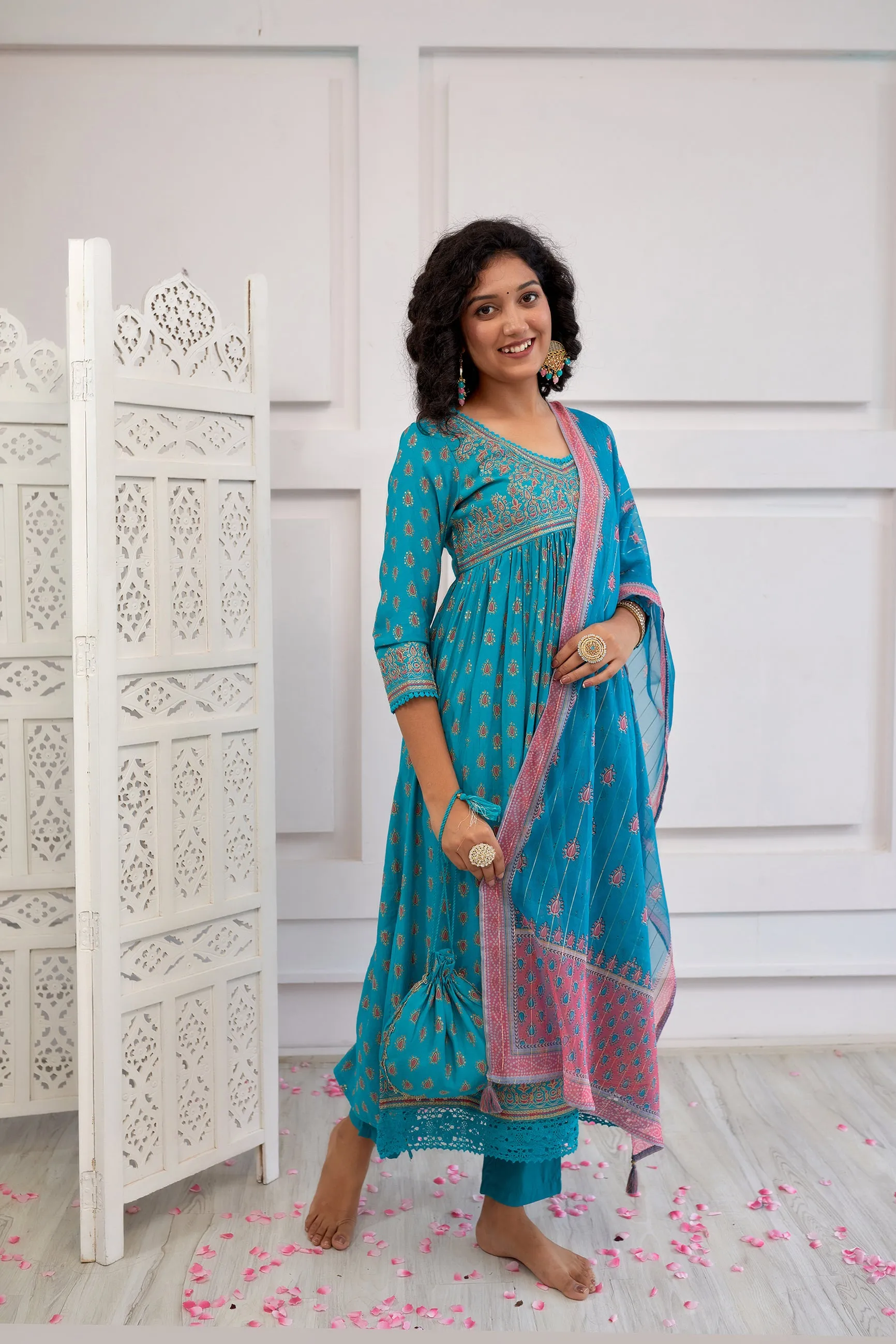 Women's Muslin Turquoise Alia Cut A-line Kurta, Pant & Dupatta With Fancy Potli Set