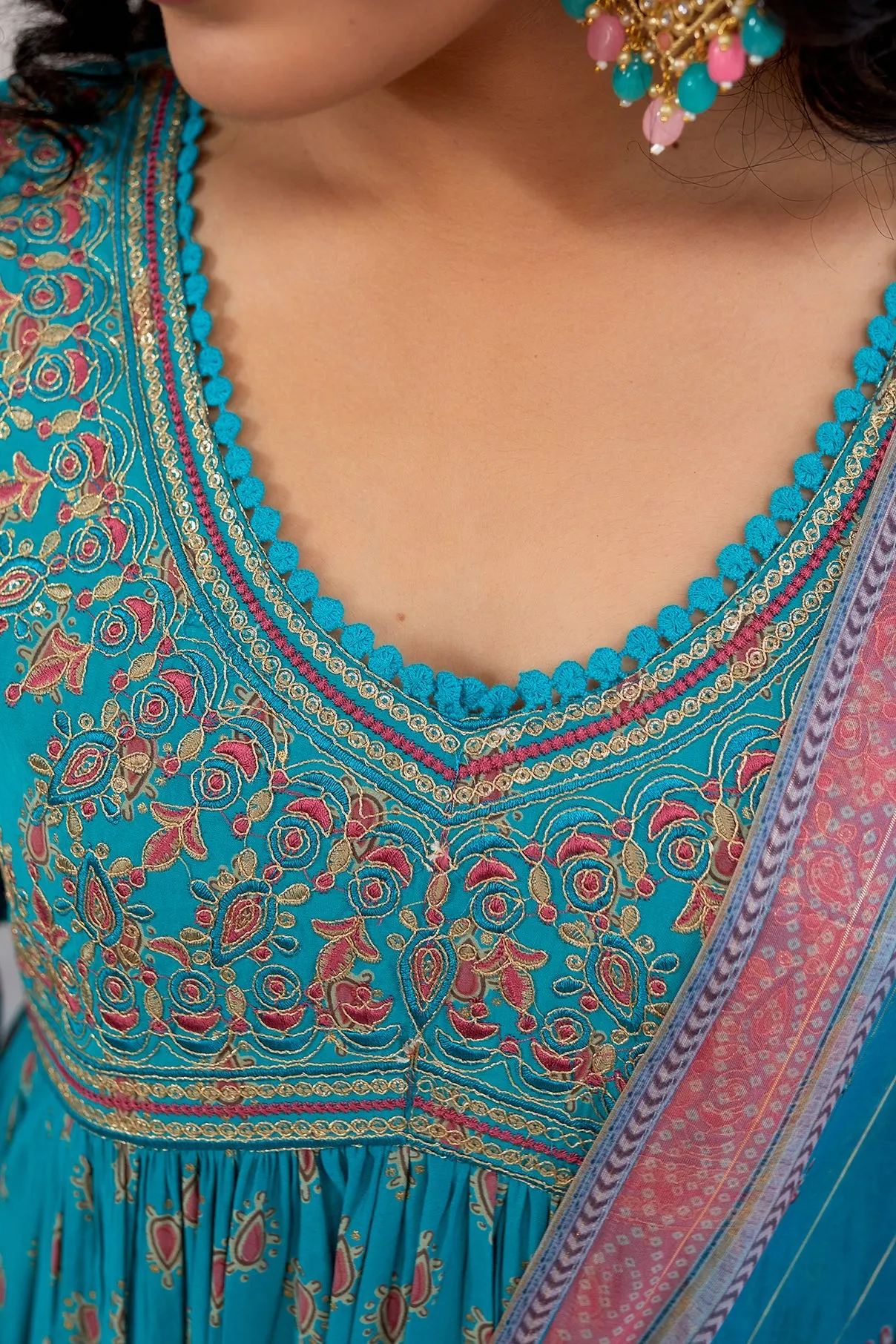 Women's Muslin Turquoise Alia Cut A-line Kurta, Pant & Dupatta With Fancy Potli Set