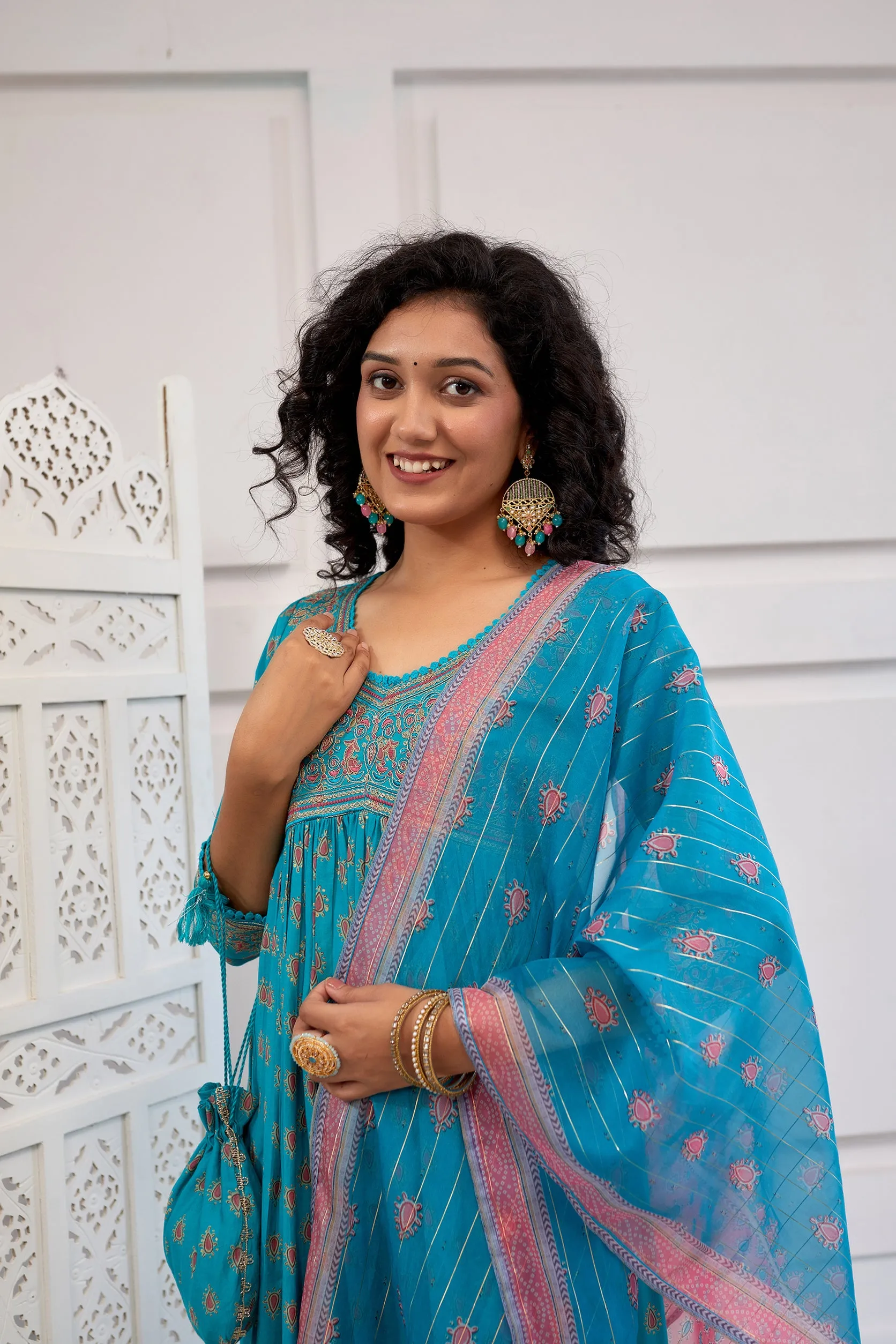 Women's Muslin Turquoise Alia Cut A-line Kurta, Pant & Dupatta With Fancy Potli Set